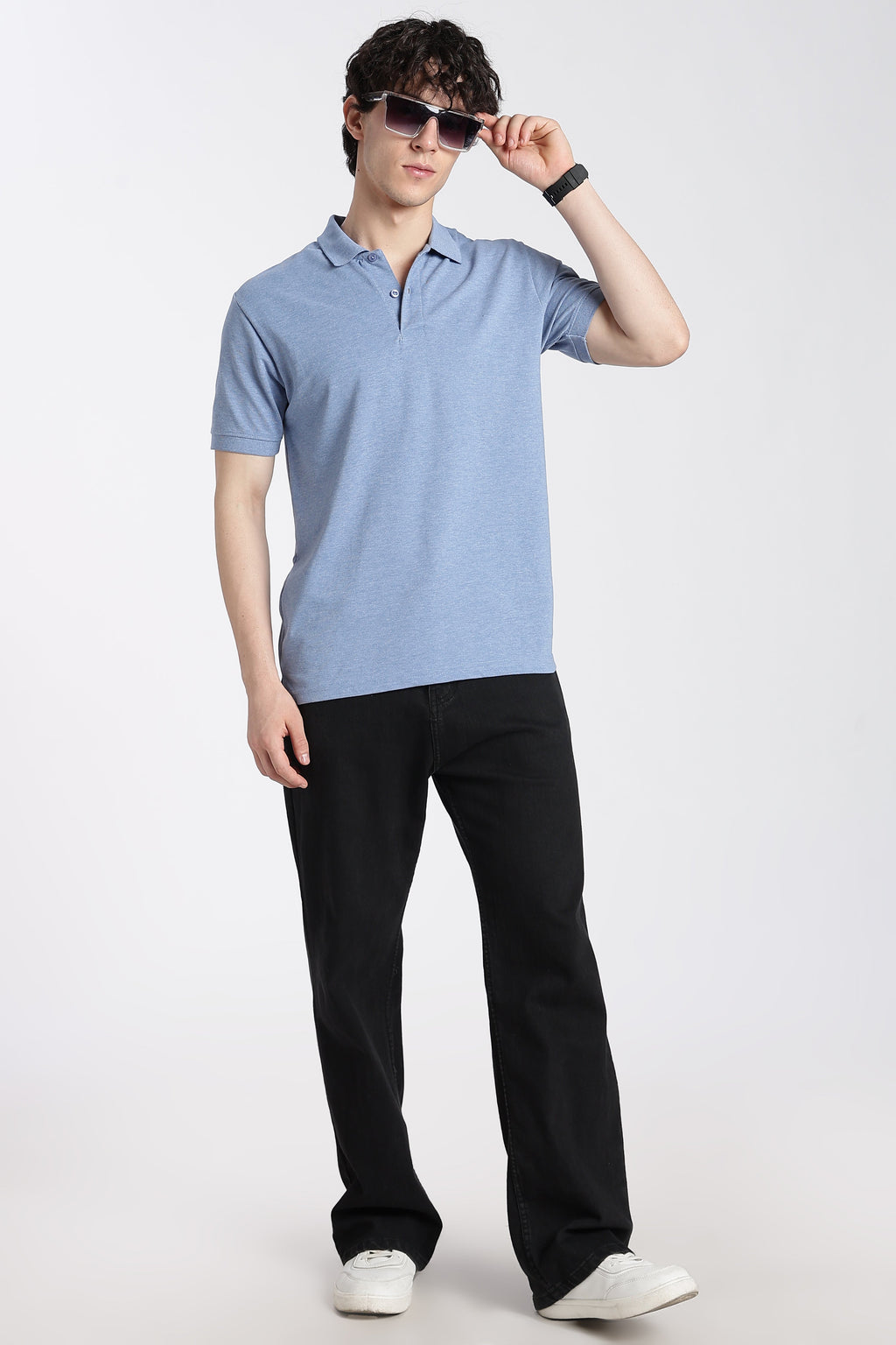 Light Blue Cotton Blend Regular Fit Polo T-Shirt