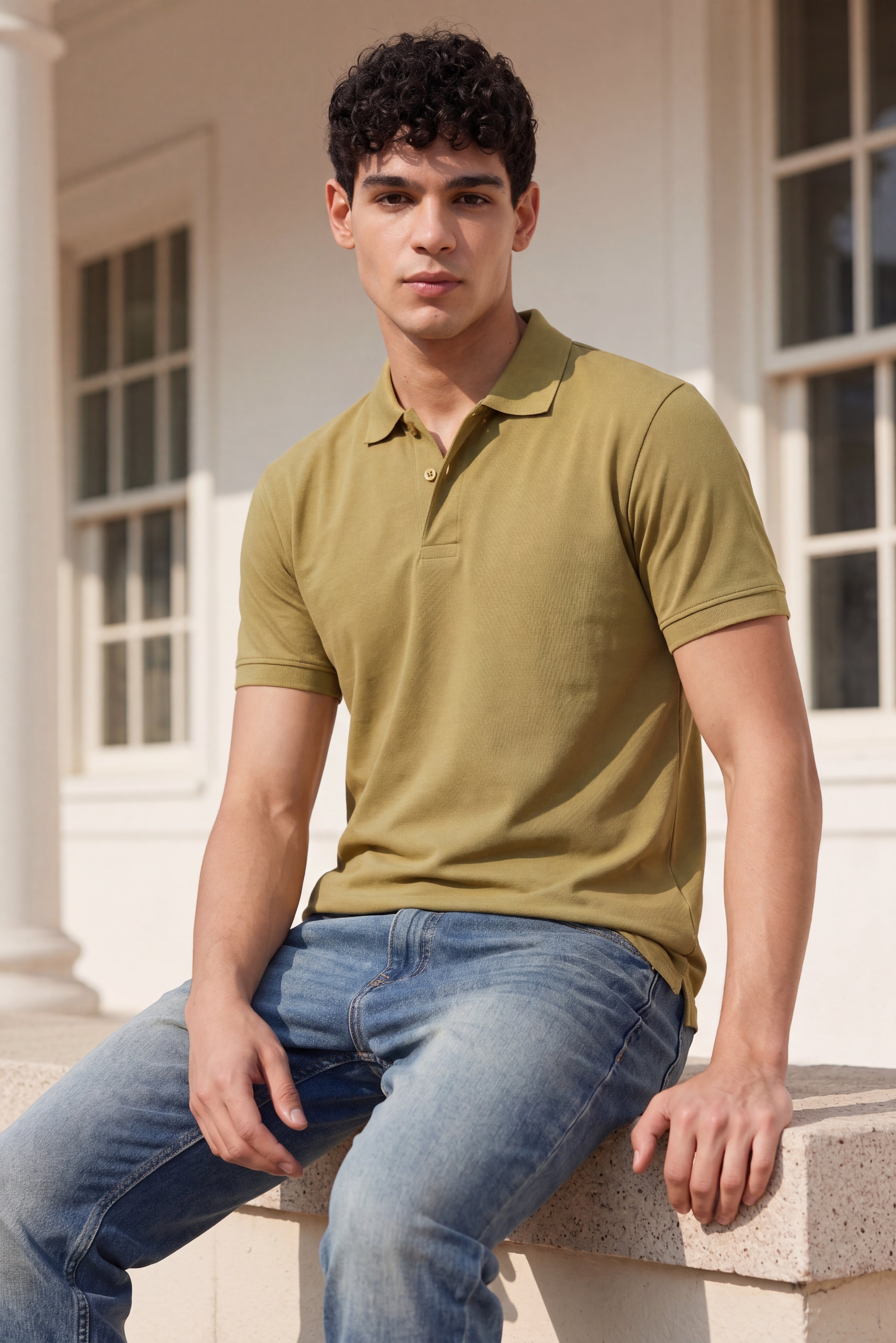Olive Cotton Blend Regular Fit Polo T-Shirt