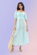 Light Blue Off-Shoulder Tiered Seersucker Dress