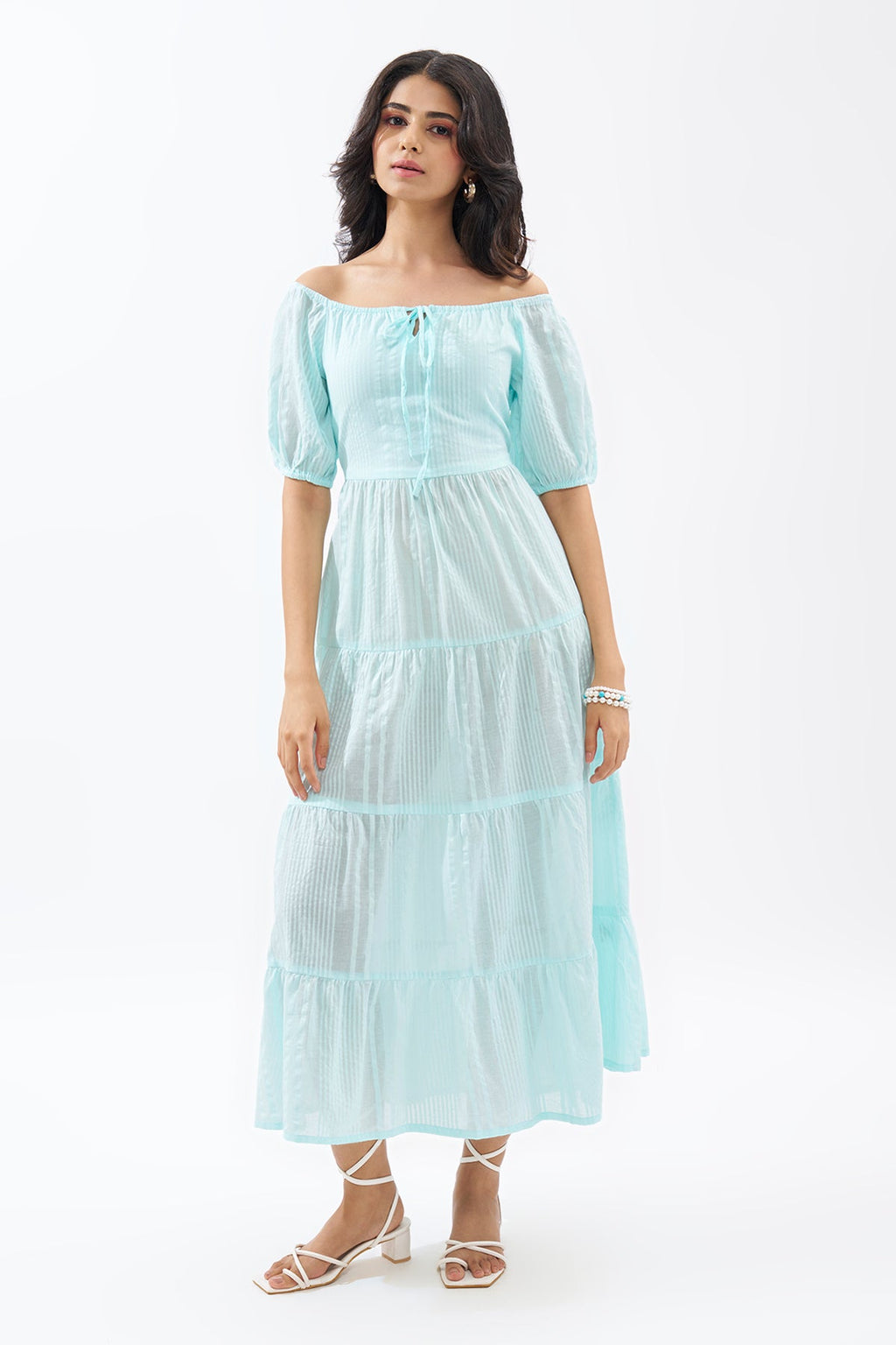 Light Blue Off-Shoulder Tiered Seersucker Dress