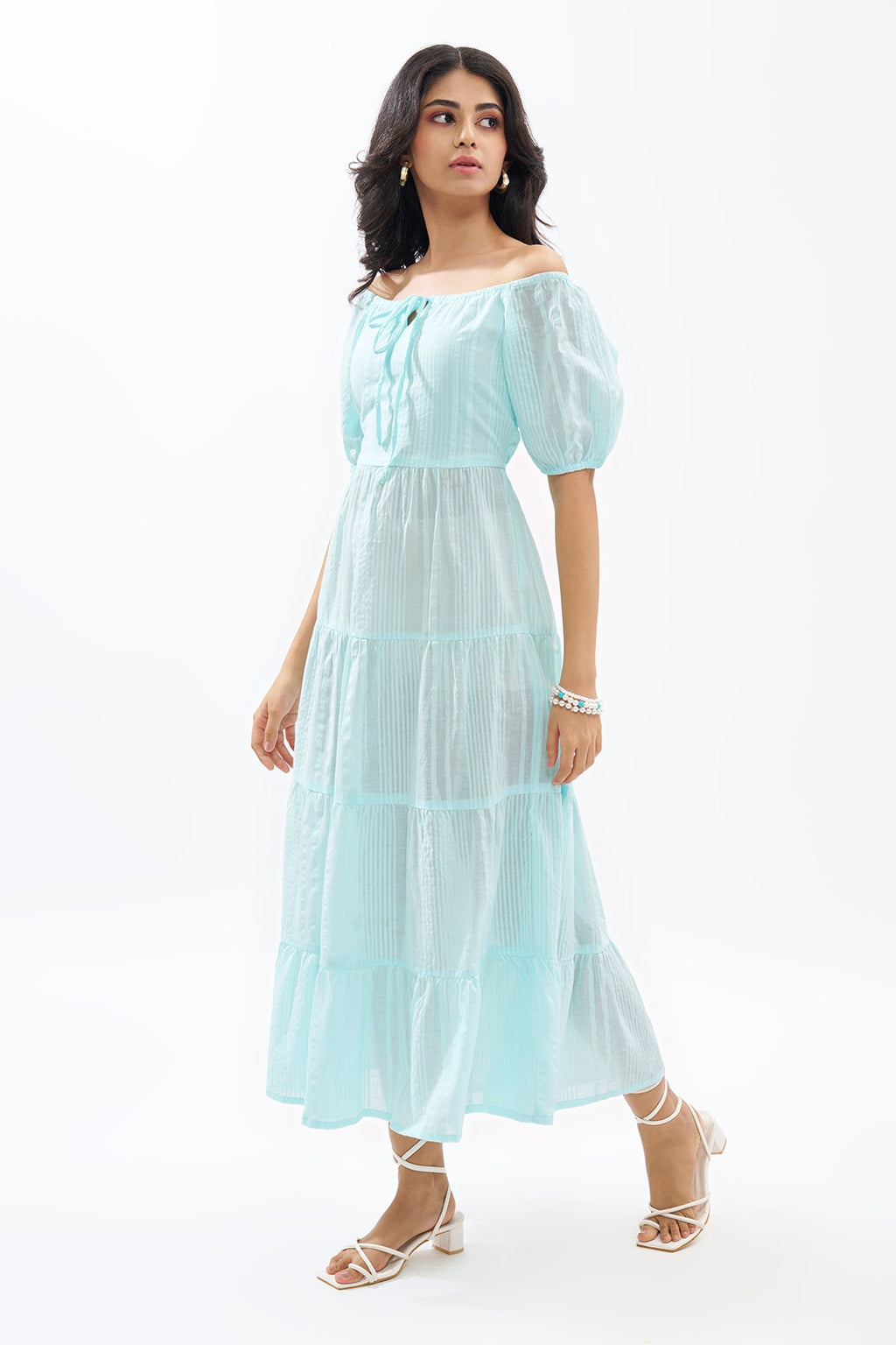 Light Blue Off-Shoulder Tiered Seersucker Dress