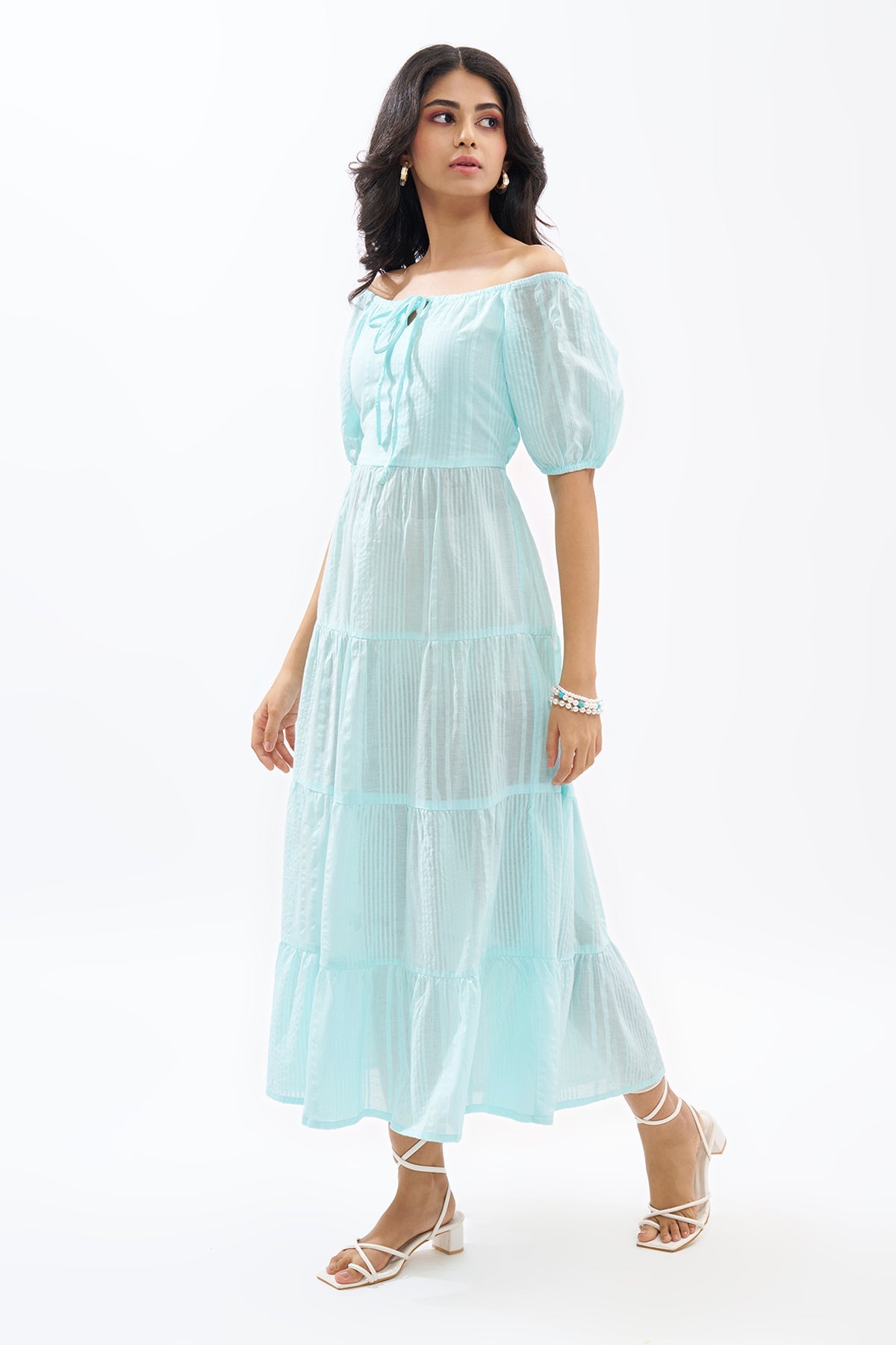 Light Blue Off-Shoulder Tiered Seersucker Dress