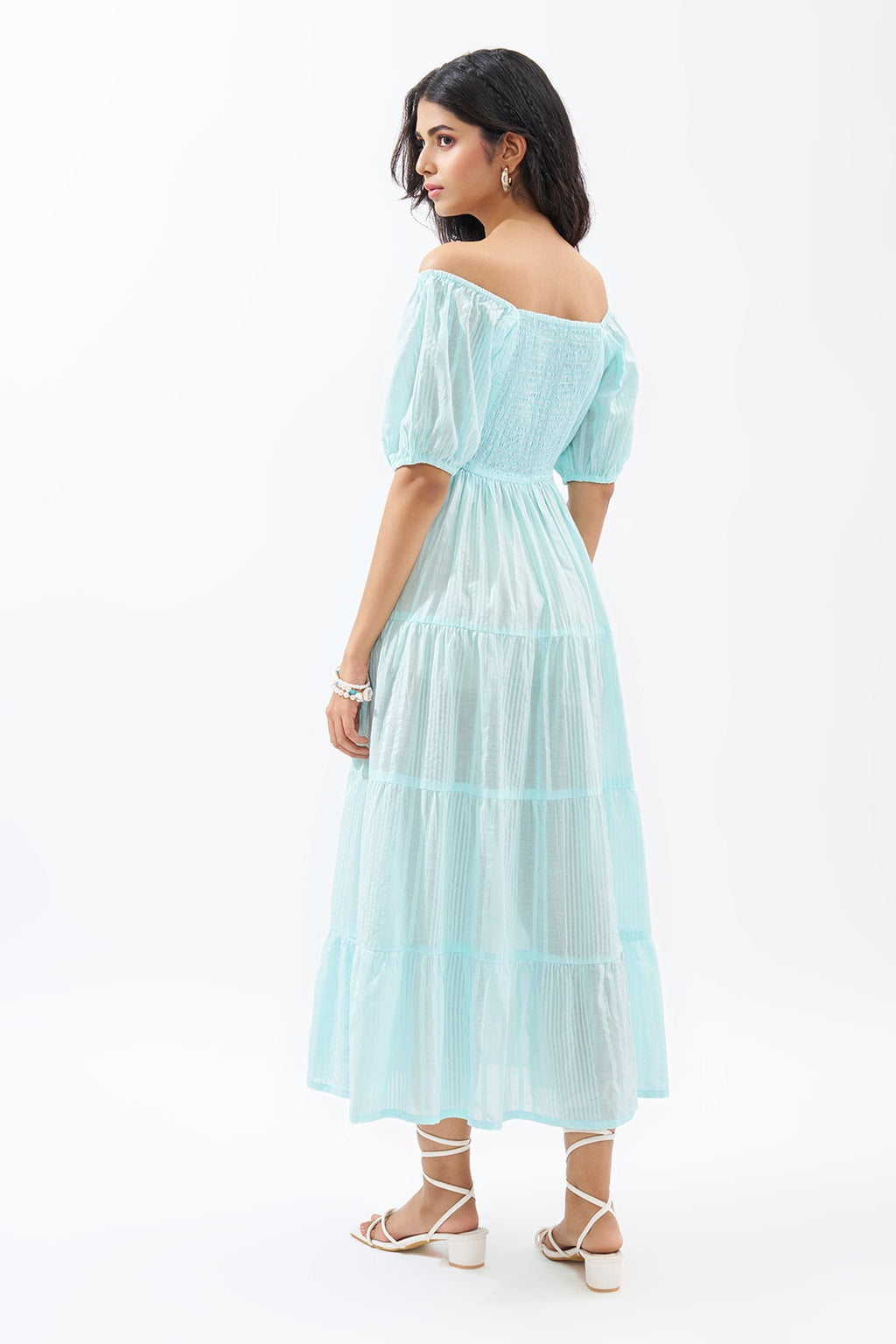 Light Blue Off-Shoulder Tiered Seersucker Dress