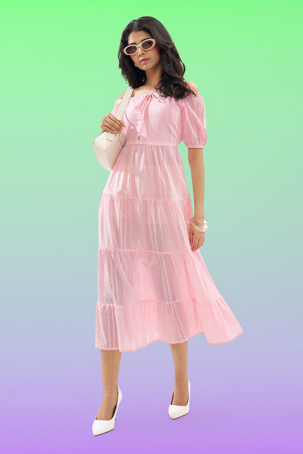 Pink Off-Shoulder Tiered Seersucker Dress