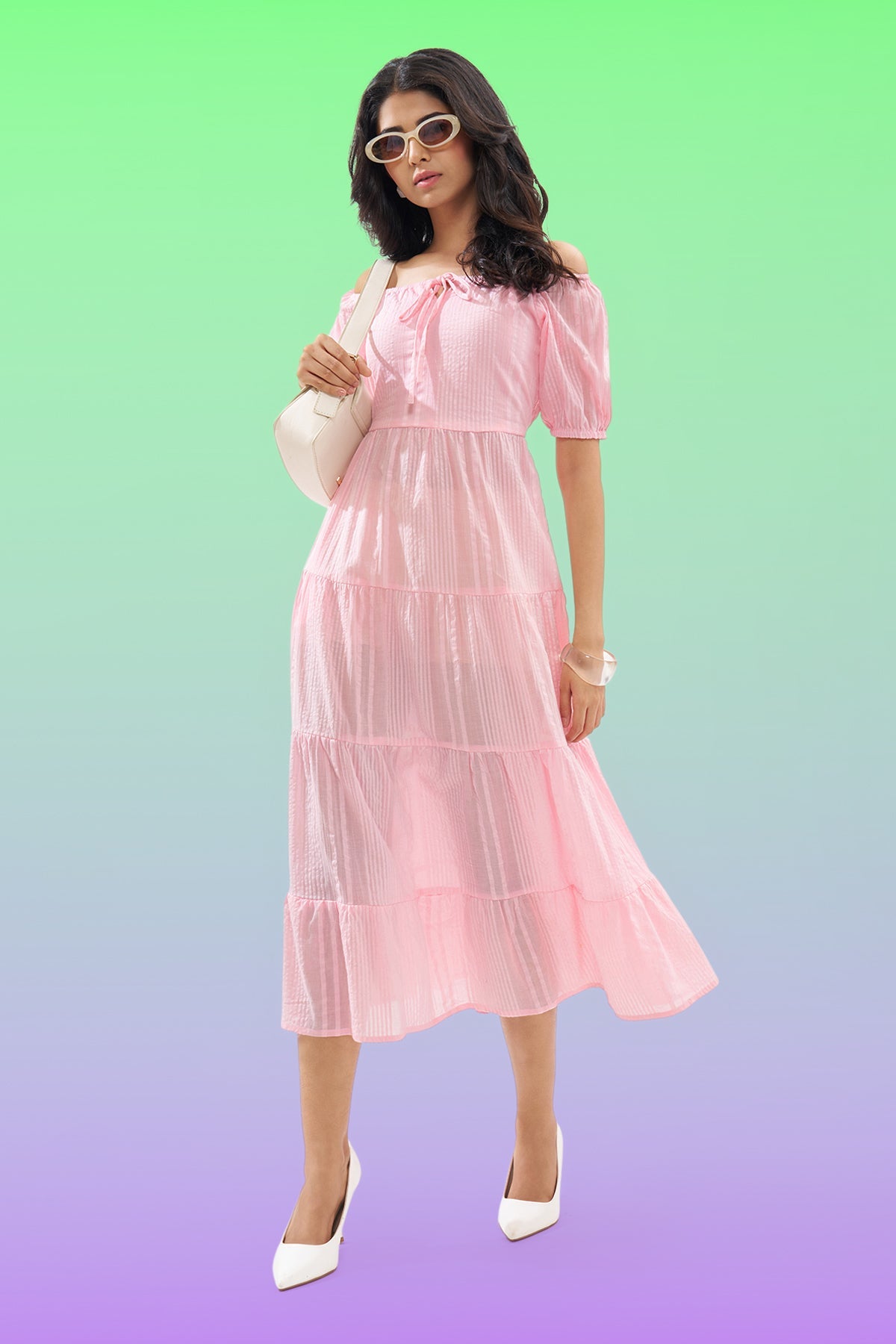 Pink Off-Shoulder Tiered Seersucker Dress