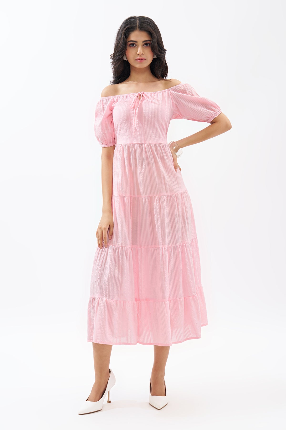 Pink Off-Shoulder Tiered Seersucker Dress