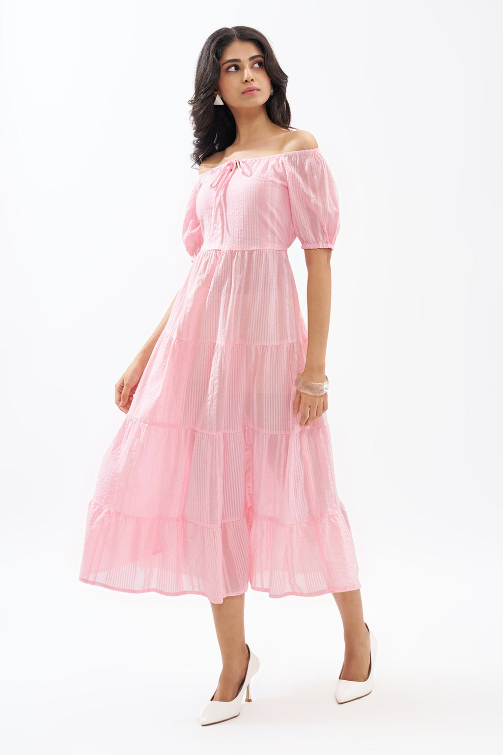 Pink Off-Shoulder Tiered Seersucker Dress
