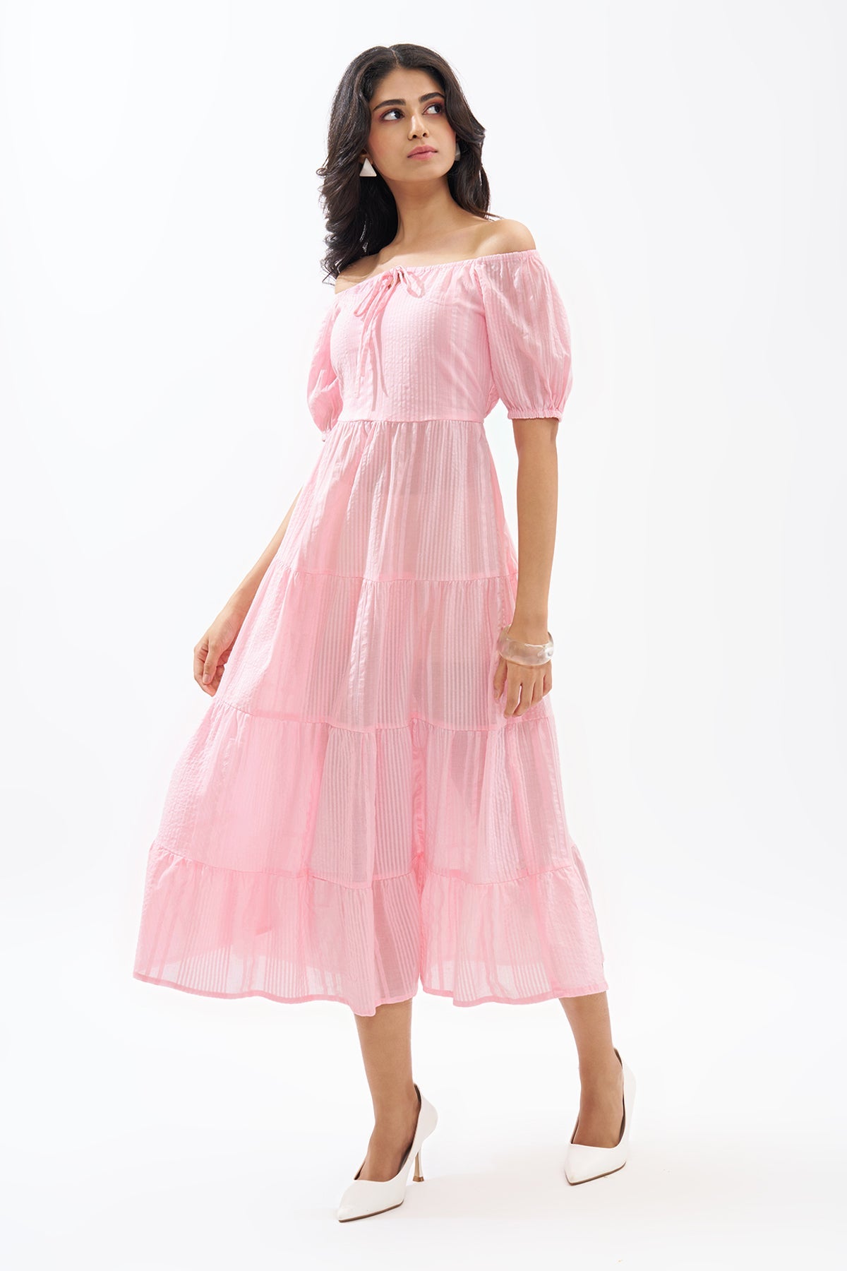 Pink Off-Shoulder Tiered Seersucker Dress