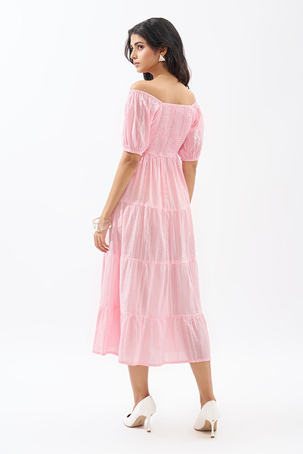 Pink Off-Shoulder Tiered Seersucker Dress