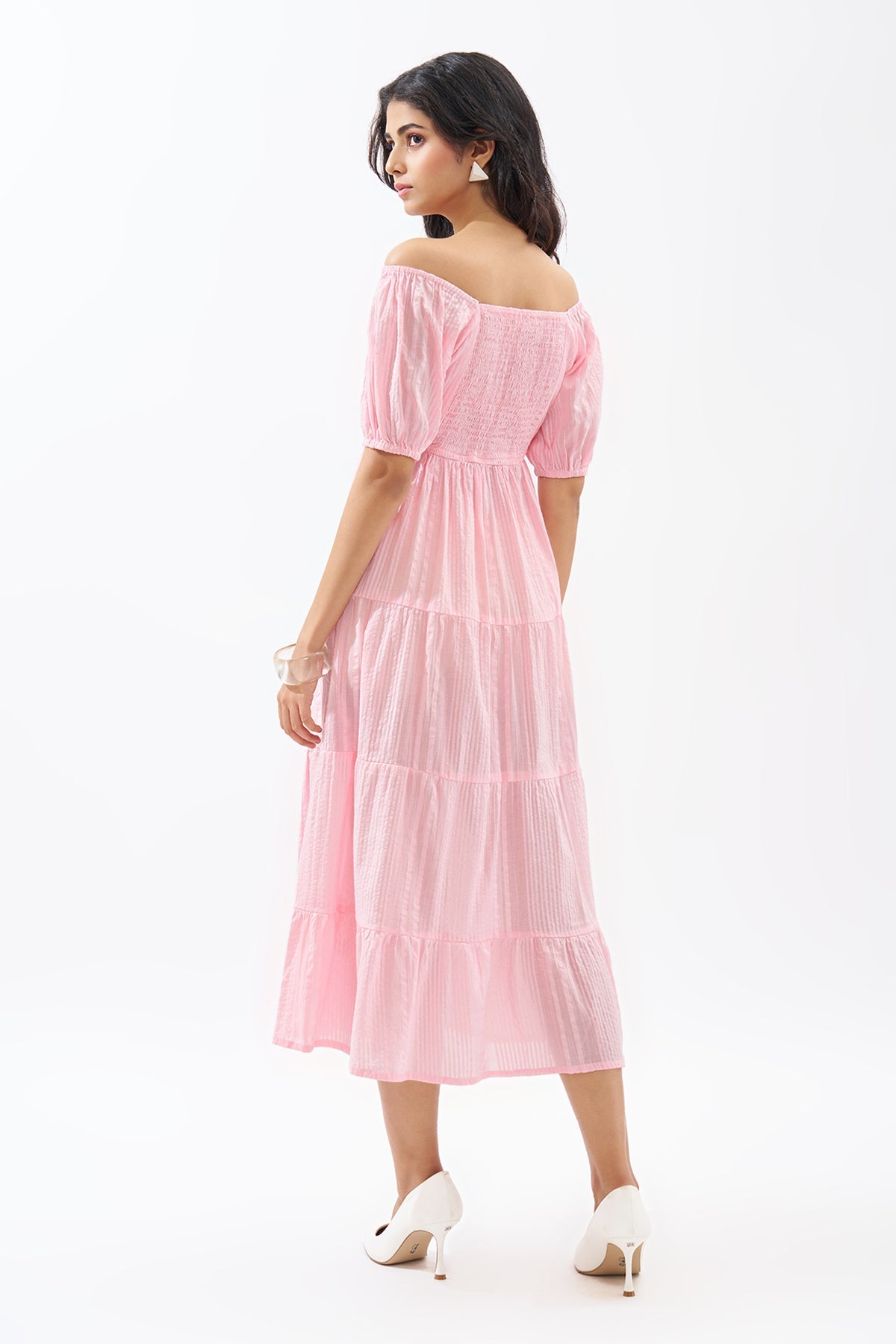 Pink Off-Shoulder Tiered Seersucker Dress