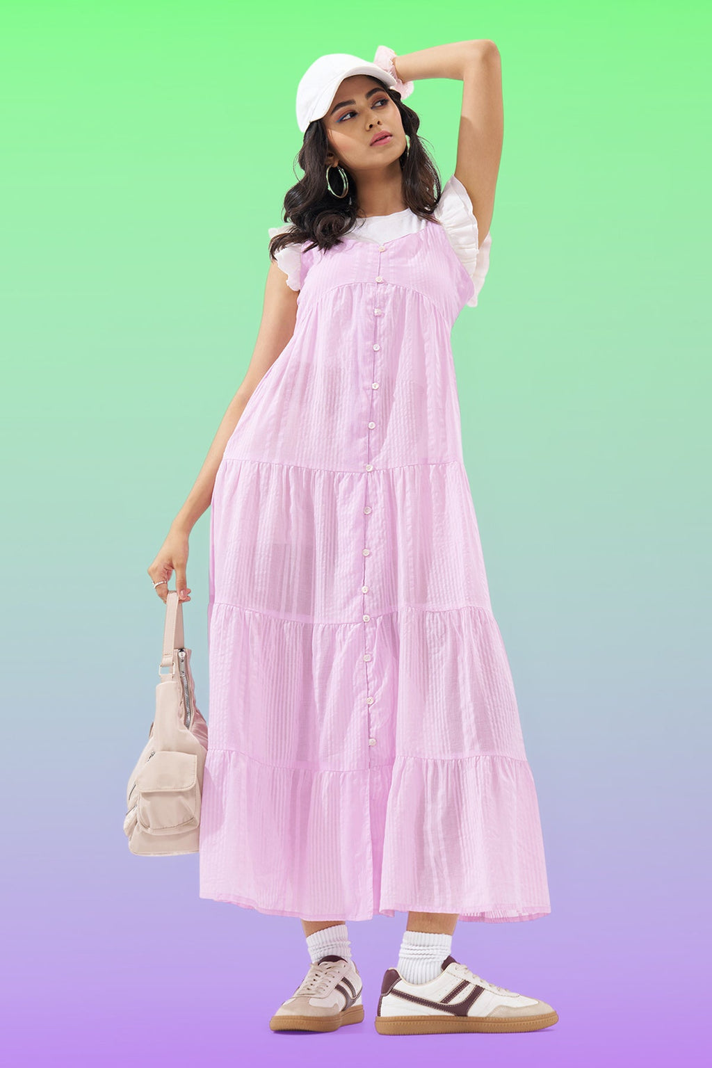Lilac Sleeveless Seersucker Tiered Dress