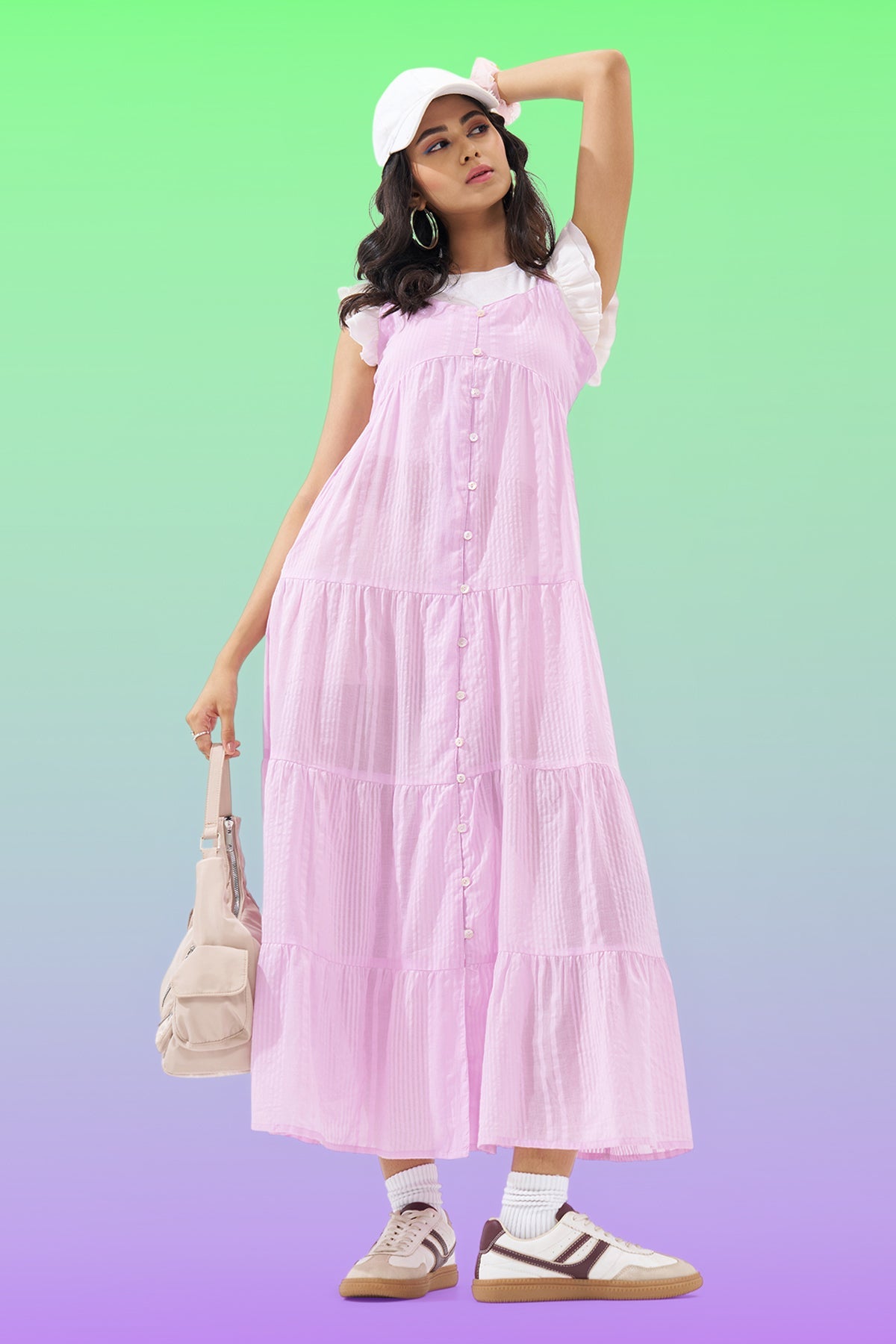 Lilac Sleeveless Seersucker Tiered Dress