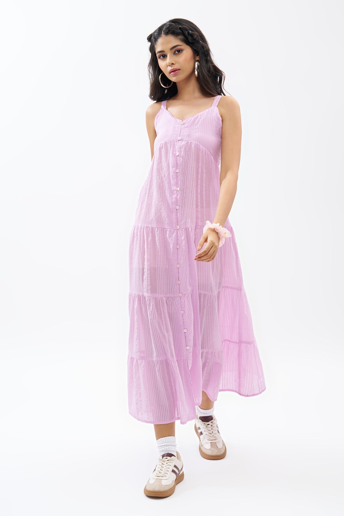 Lilac Sleeveless Seersucker Tiered Dress