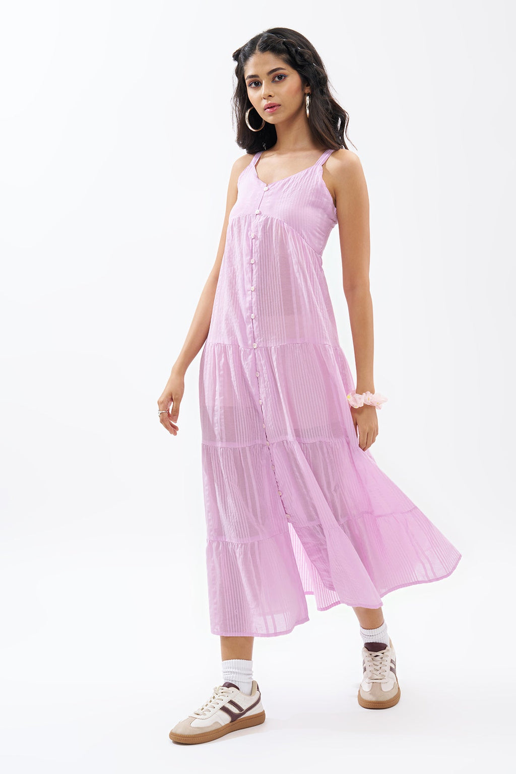 Lilac Sleeveless Seersucker Tiered Dress