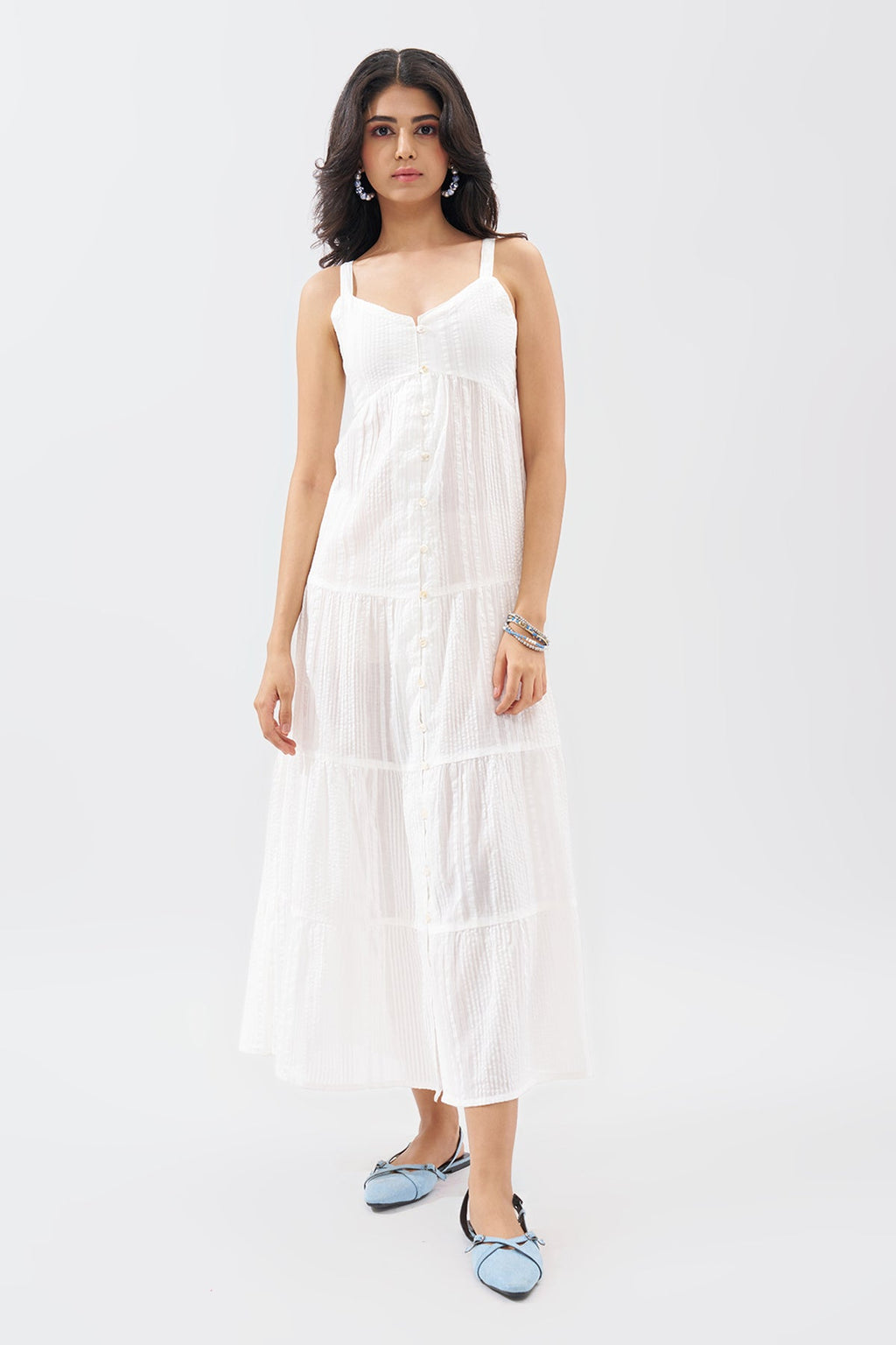 White Sleeveless Seersucker Tiered Dress