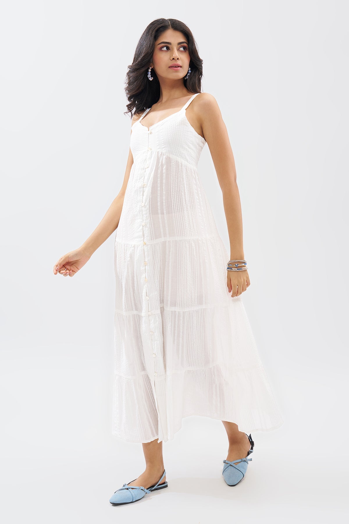 White Sleeveless Seersucker Tiered Dress