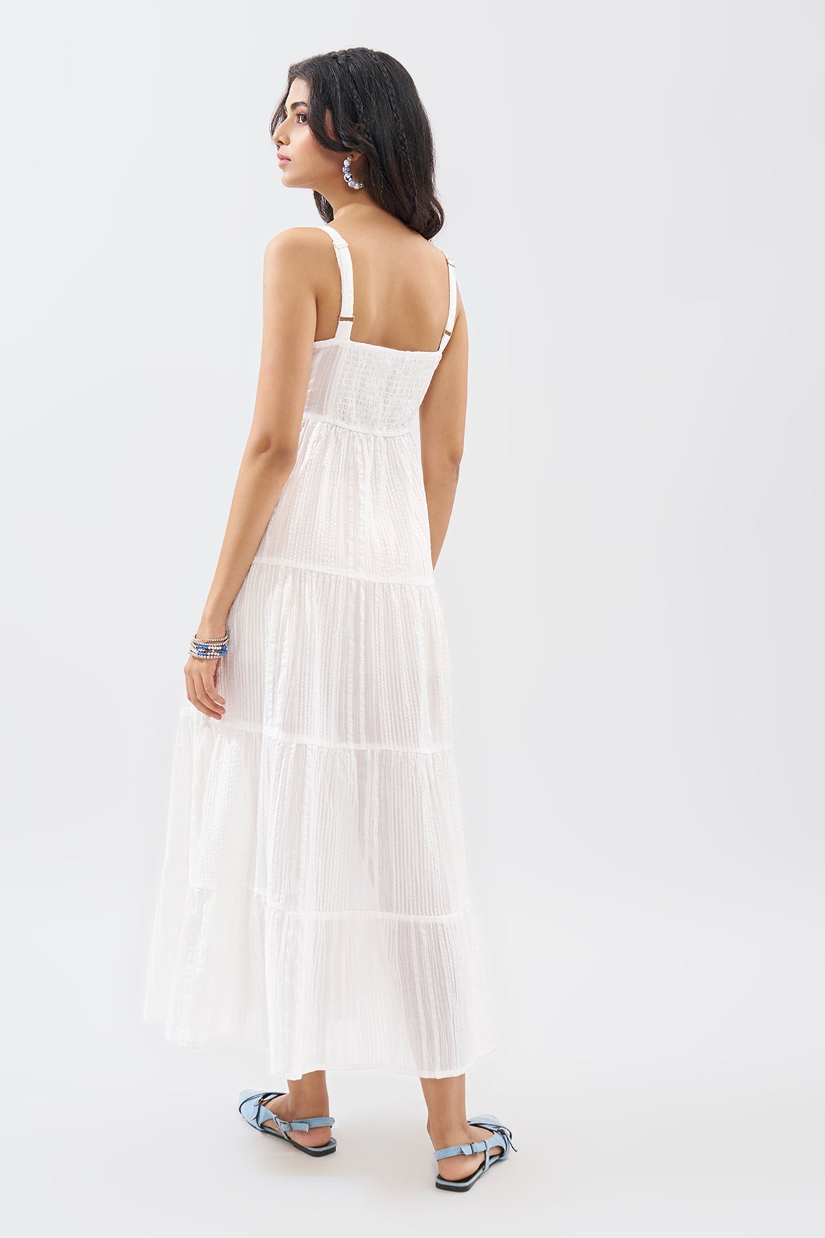 White Sleeveless Seersucker Tiered Dress