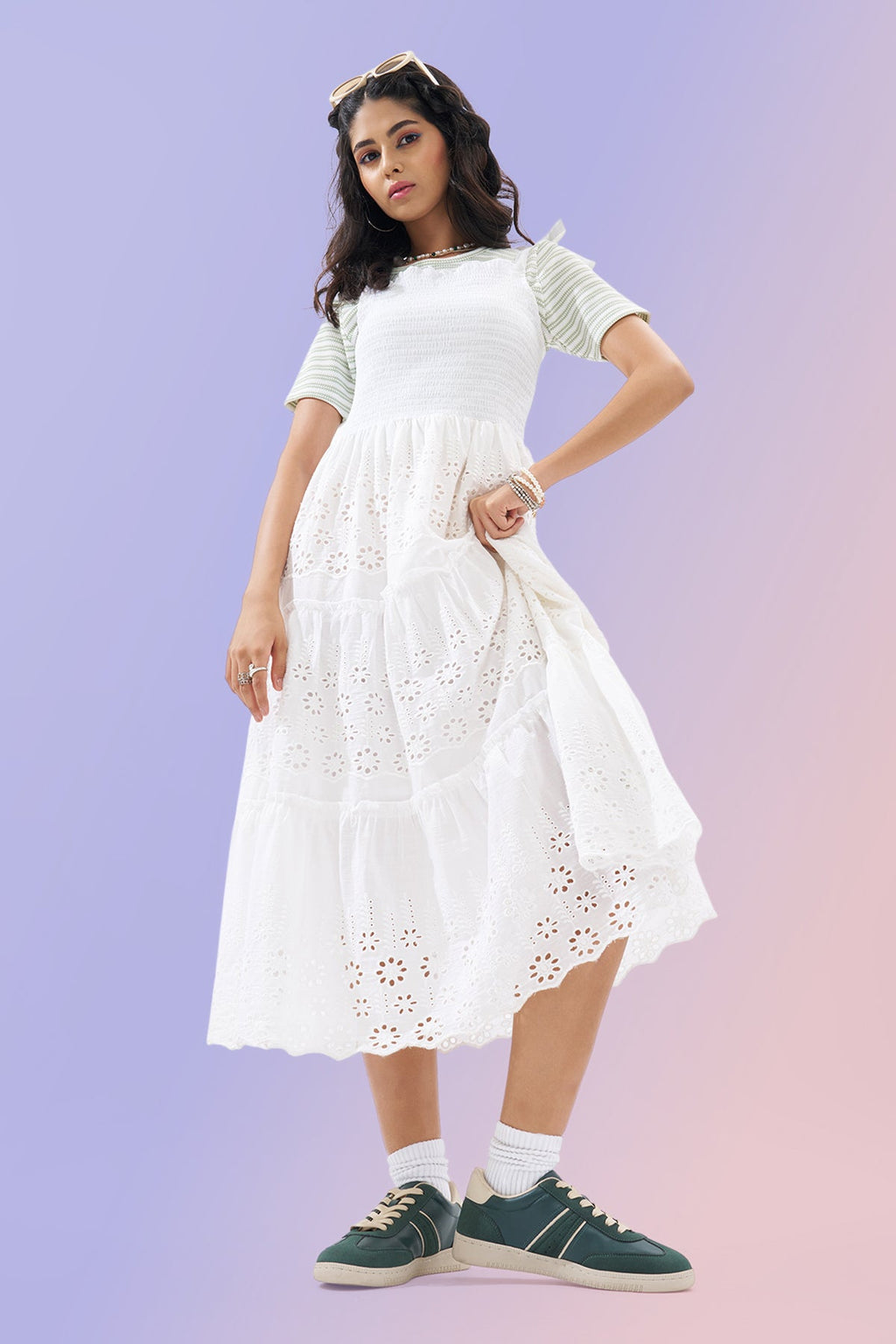 White Cutwork Embroidered Tiered Dress