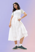 White Cutwork Embroidered Tiered Dress