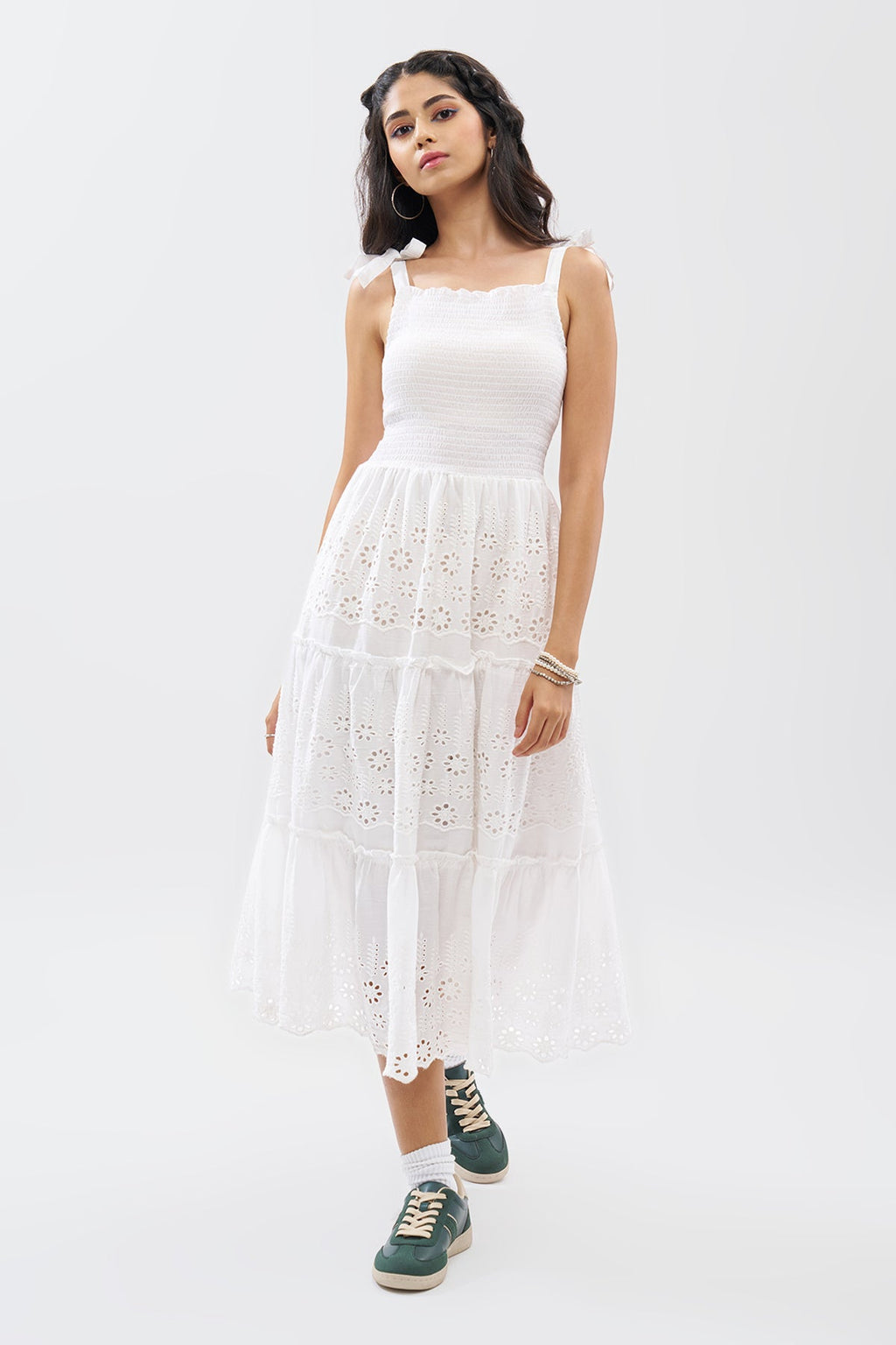 White Cutwork Embroidered Tiered Dress