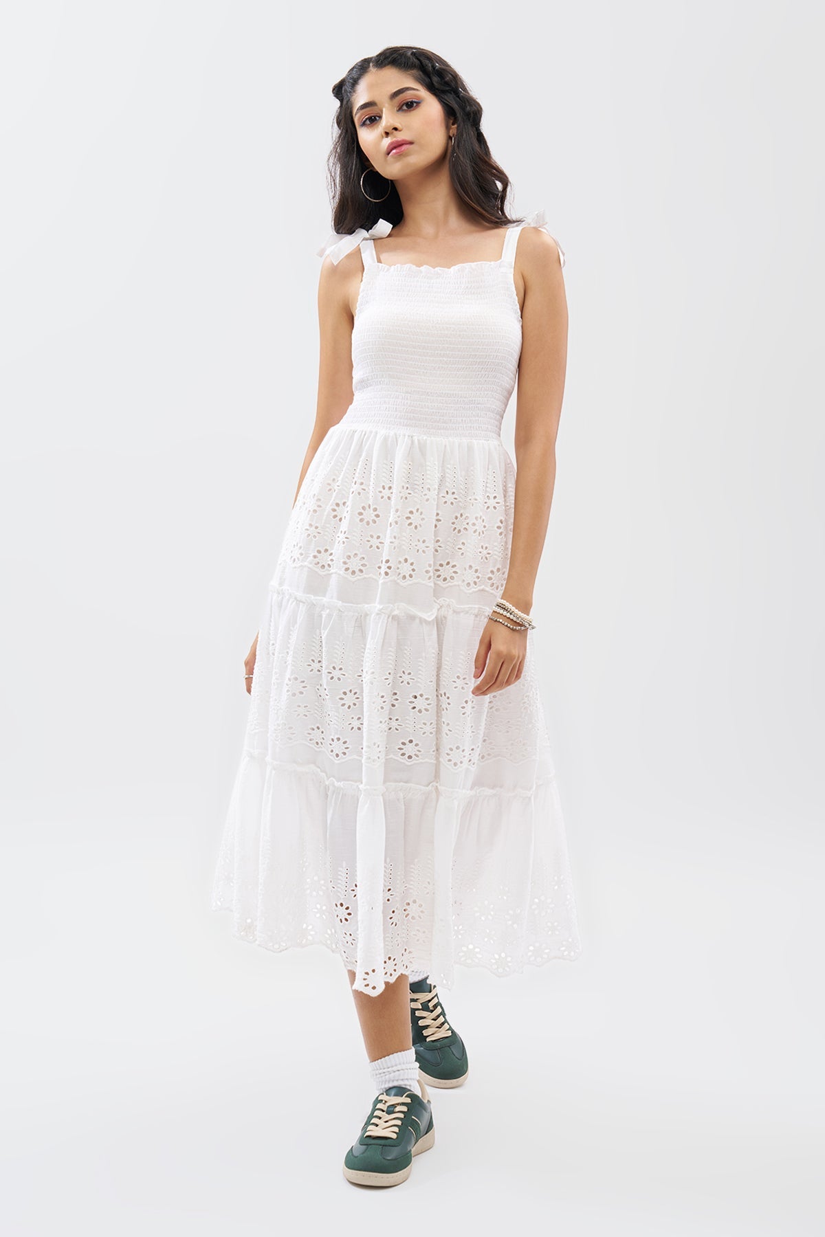 White Cutwork Embroidered Tiered Dress