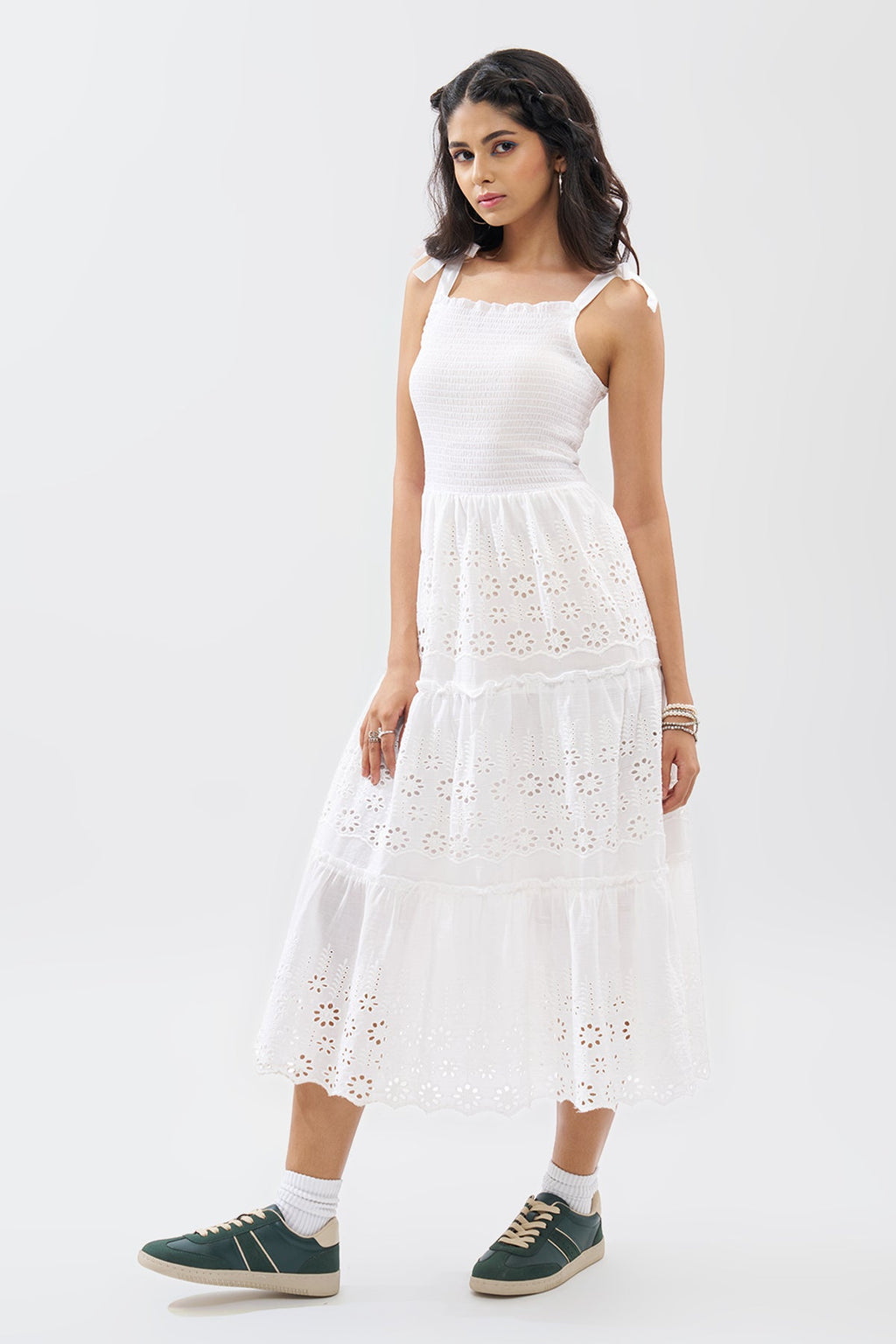 White Cutwork Embroidered Tiered Dress