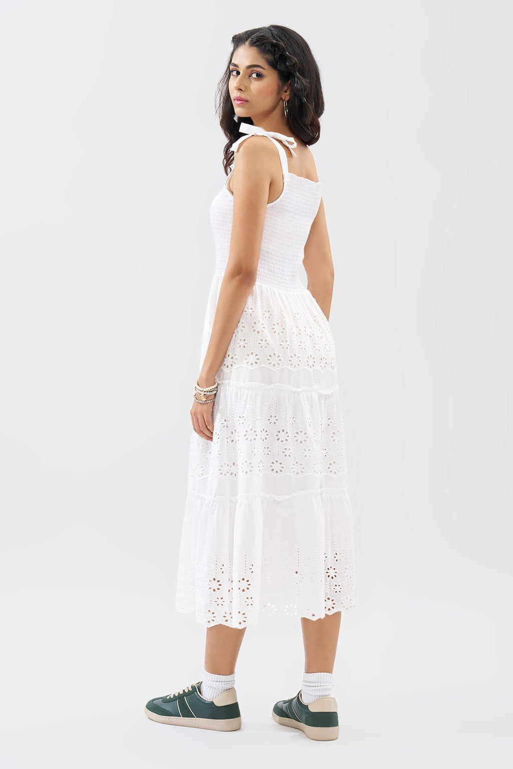 White Cutwork Embroidered Tiered Dress