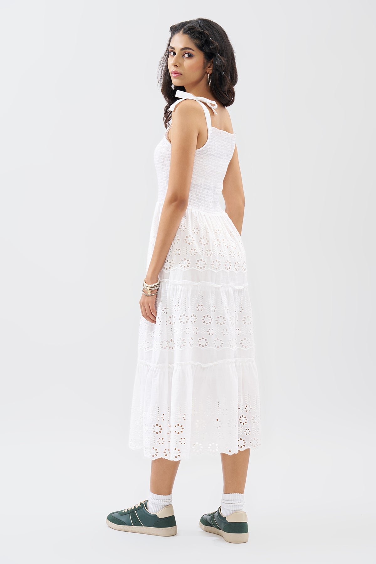 White Cutwork Embroidered Tiered Dress