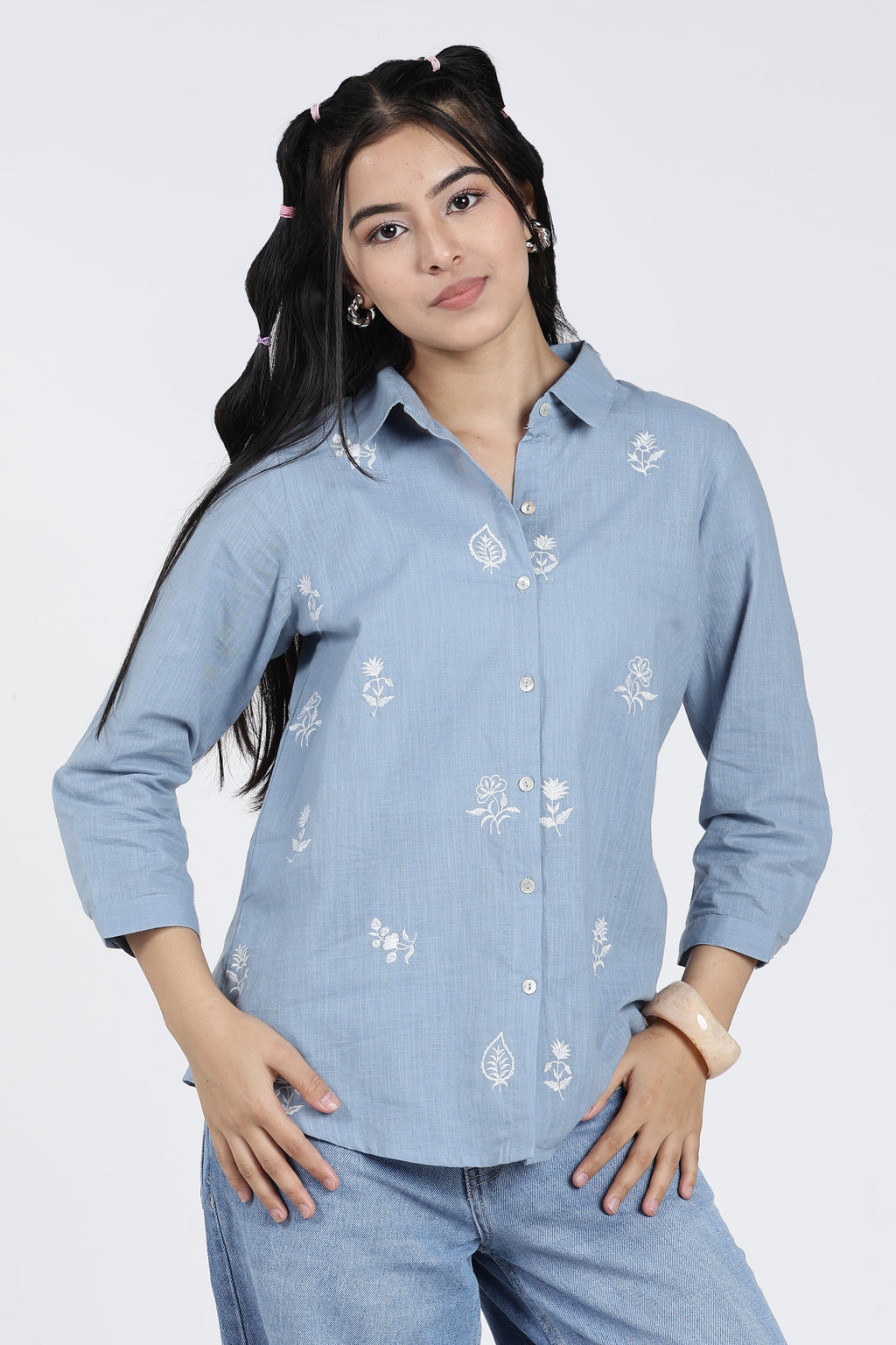 Light Blue Embroidered Regular Fit Shirt