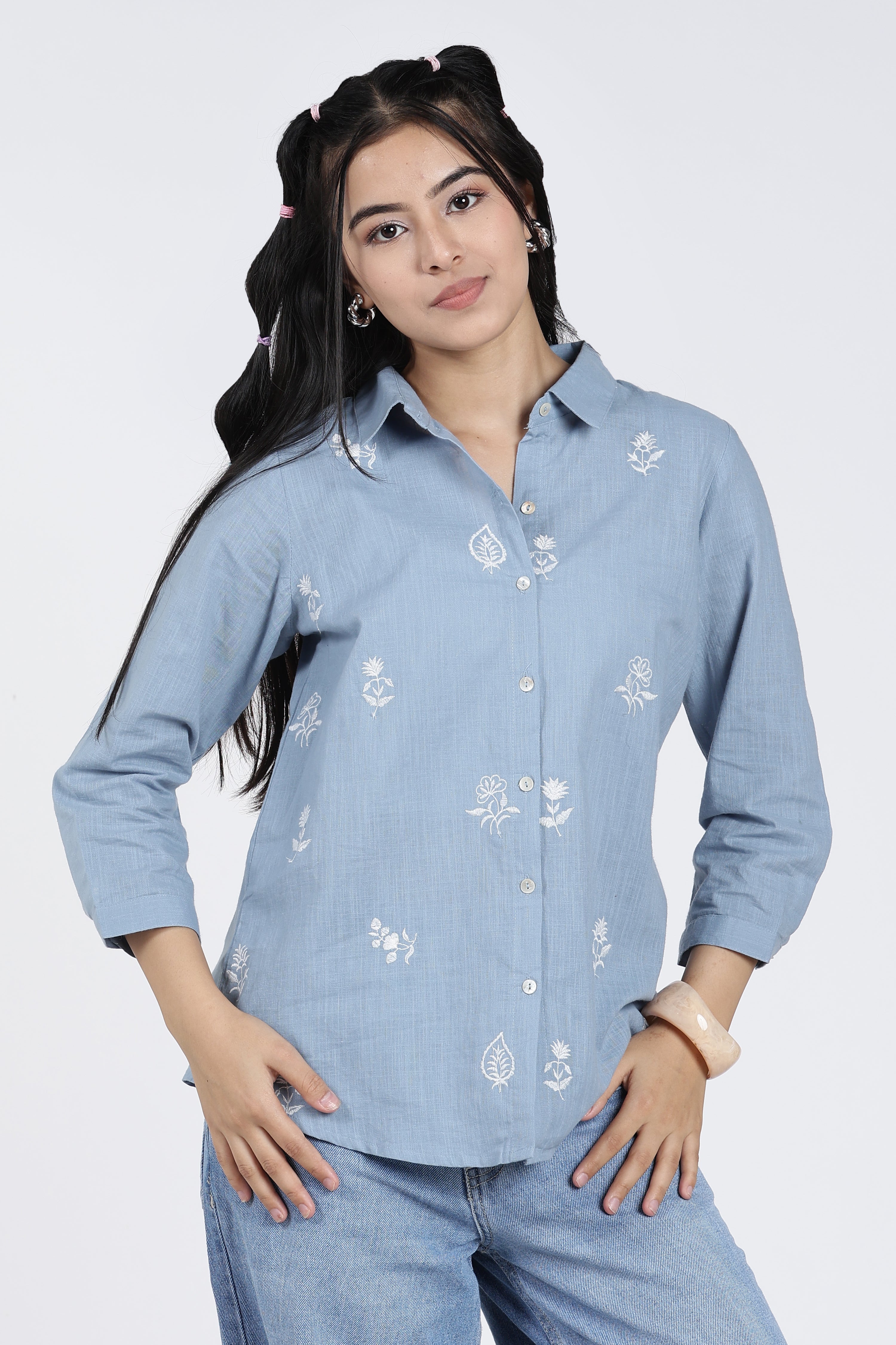 Light Blue Embroidered Regular Fit Shirt