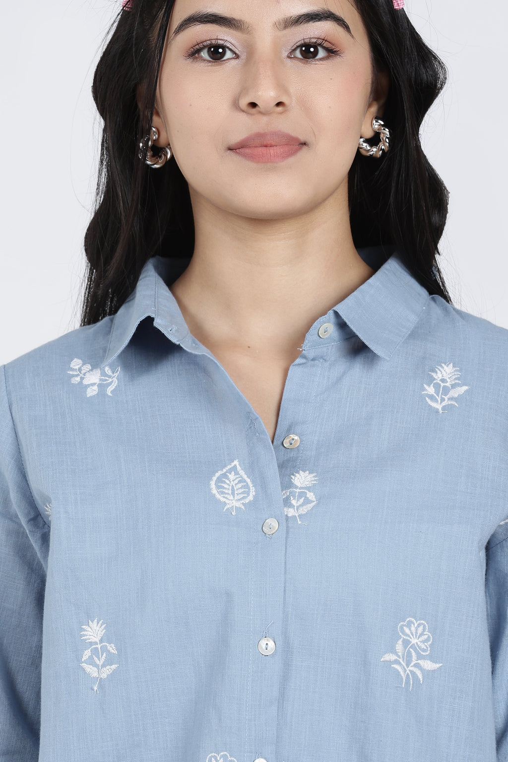 Light Blue Embroidered Regular Fit Shirt