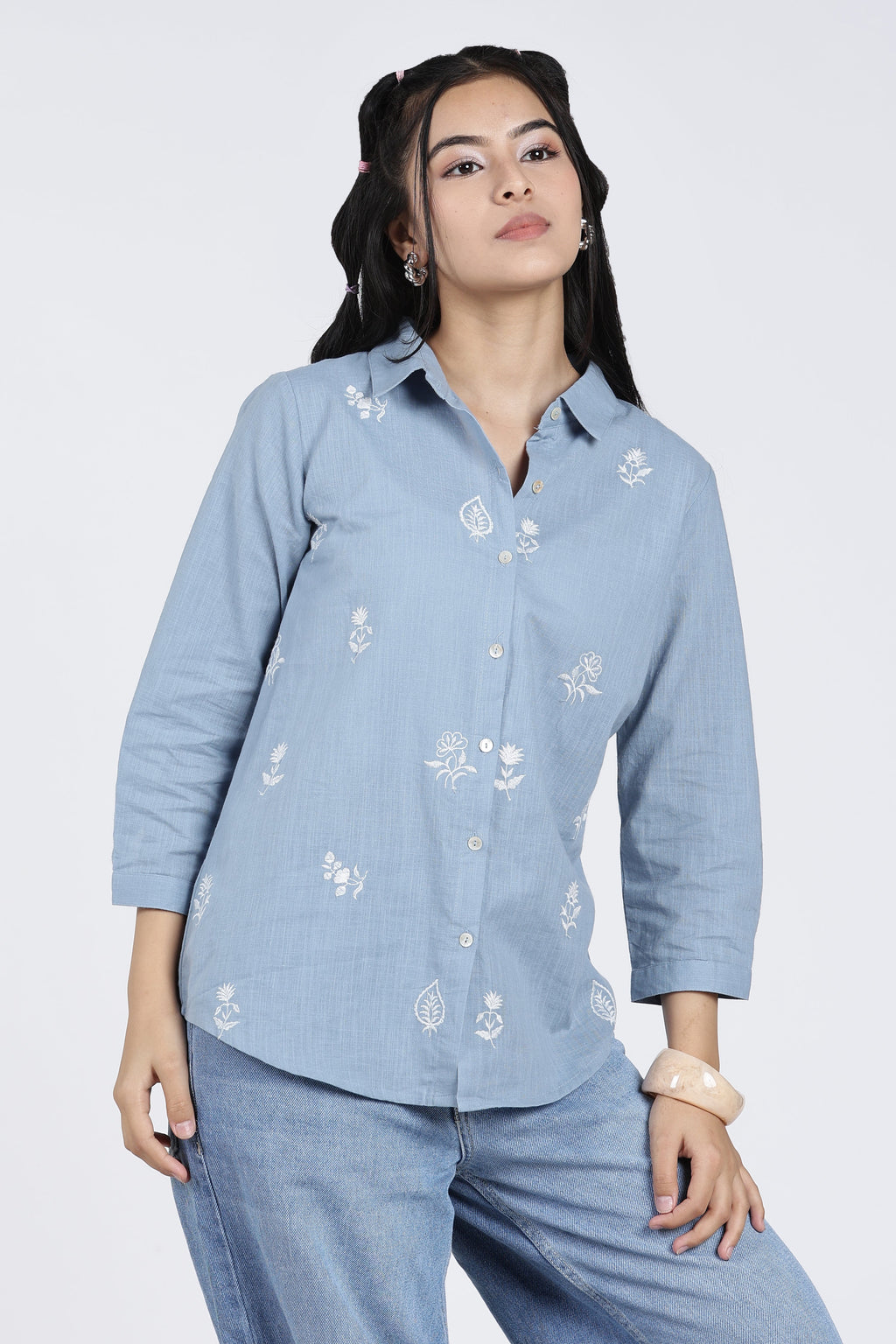 Light Blue Embroidered Regular Fit Shirt