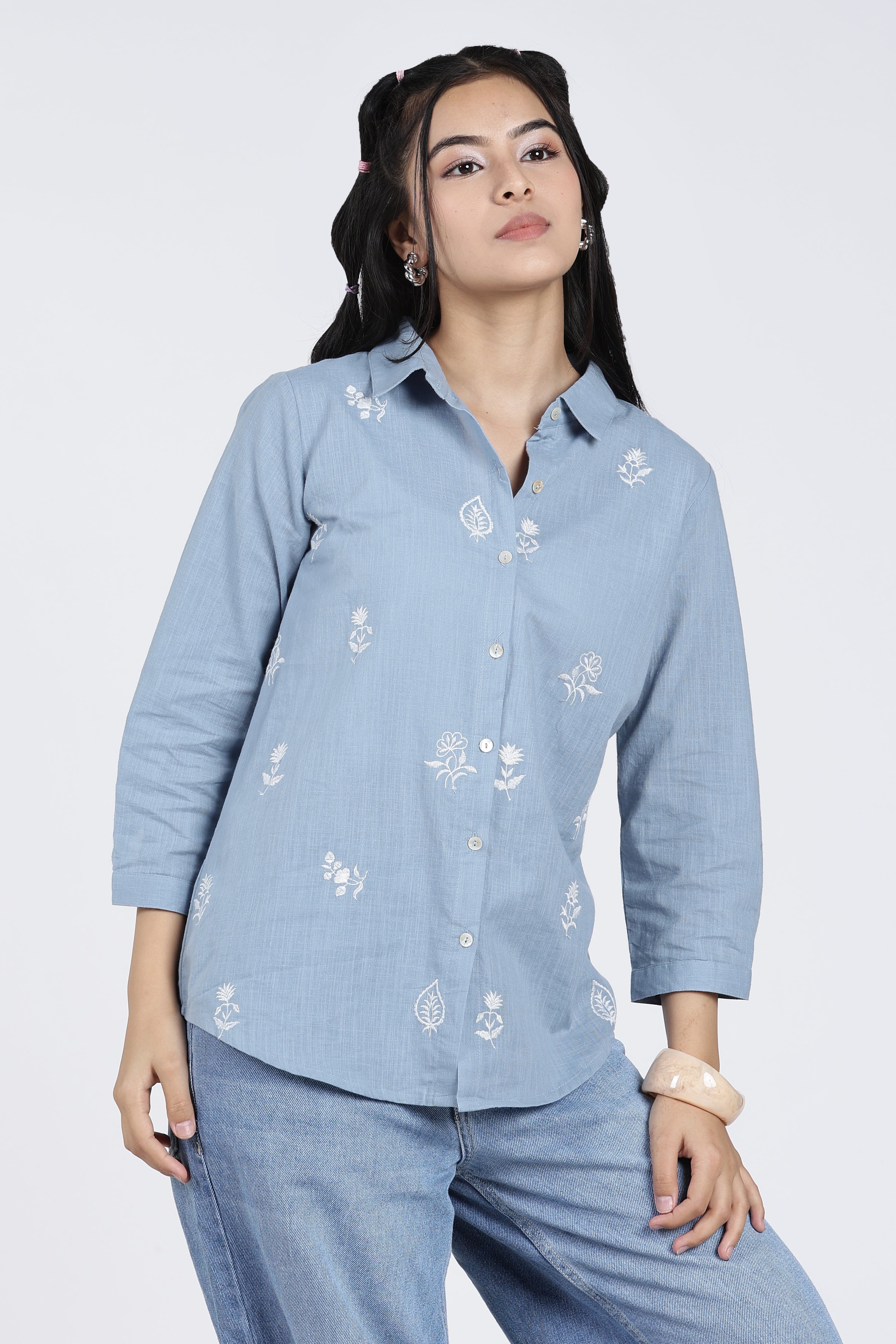 Light Blue Embroidered Regular Fit Shirt