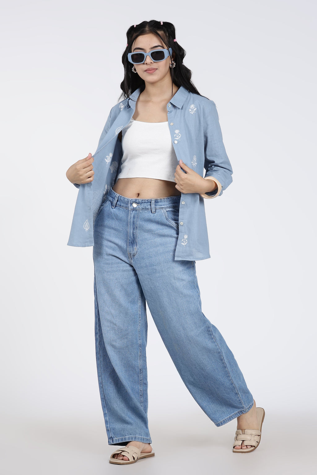 Light Blue Embroidered Regular Fit Shirt