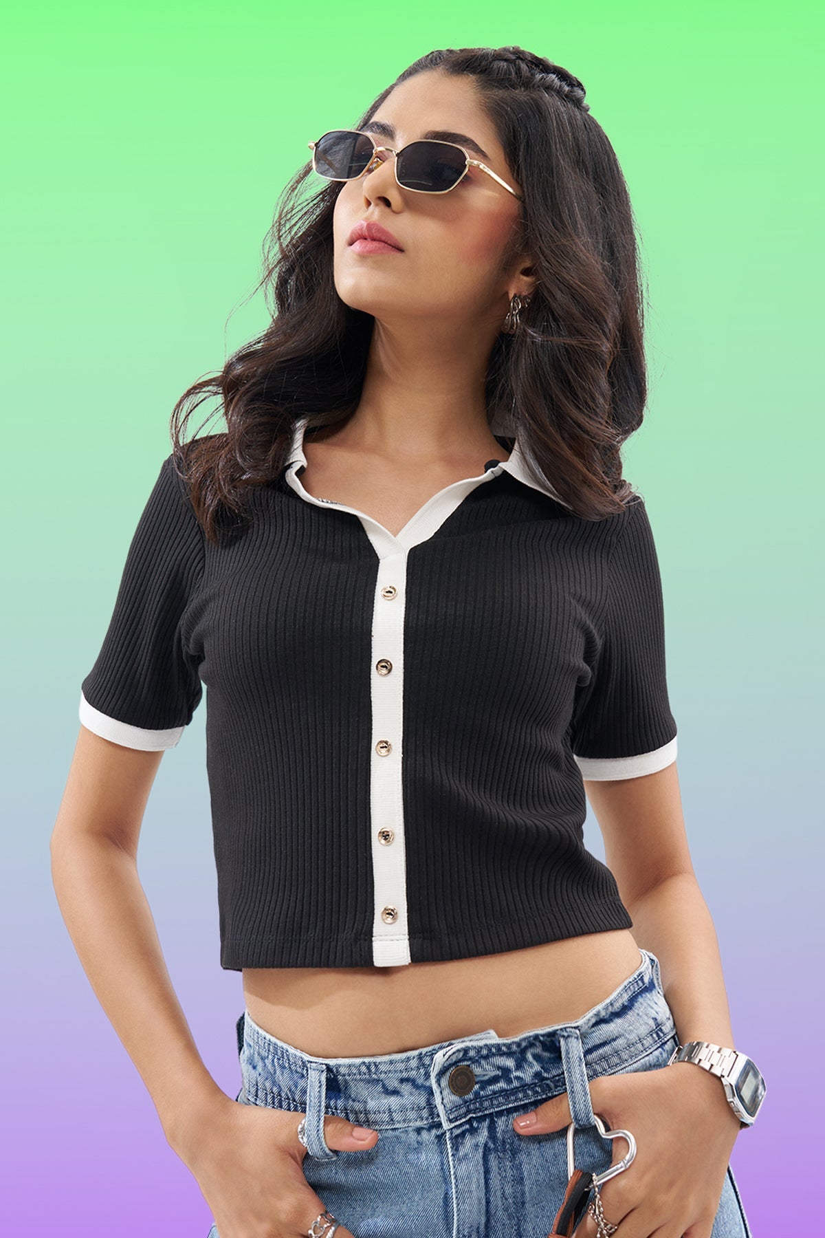 Black Textured Polo Top