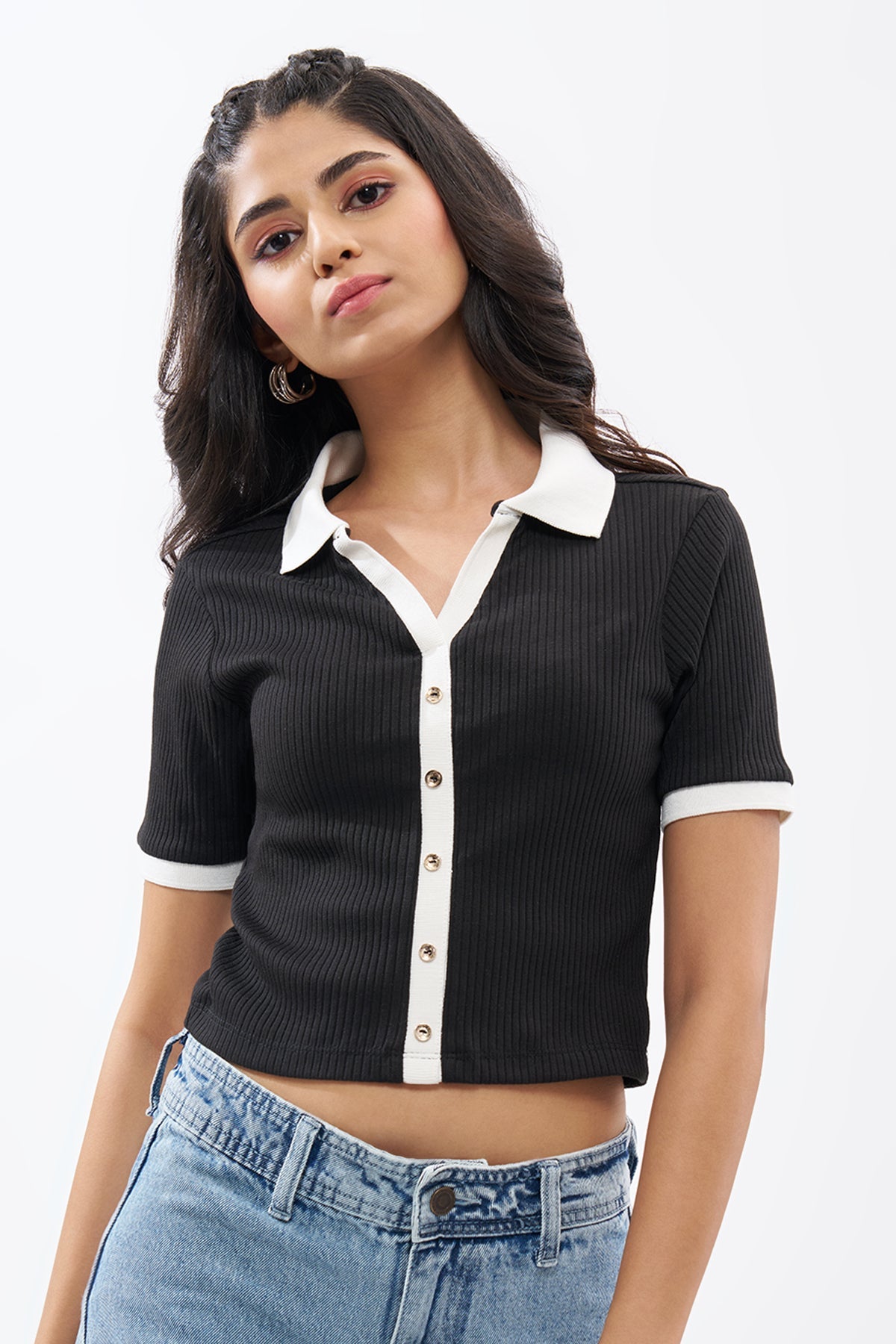 Black Textured Polo Top