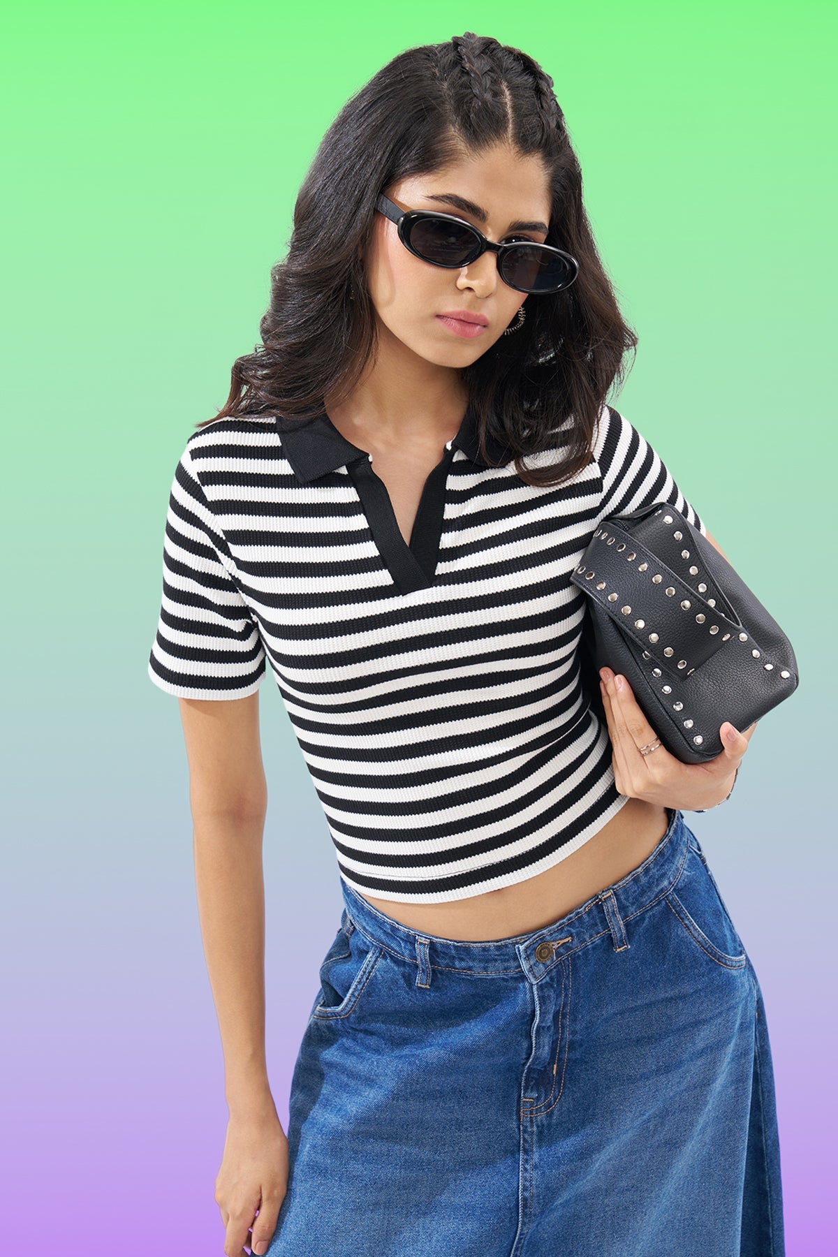 Black Striped Polo Top