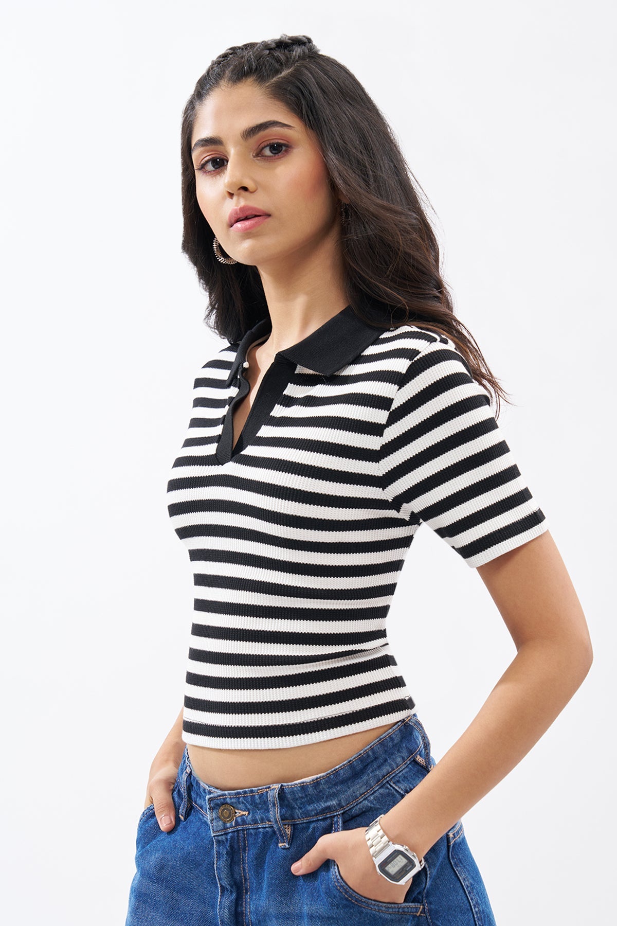 Black Striped Polo Top