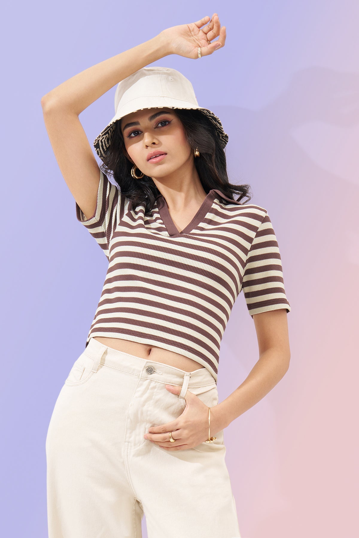Brown Striped Polo Top