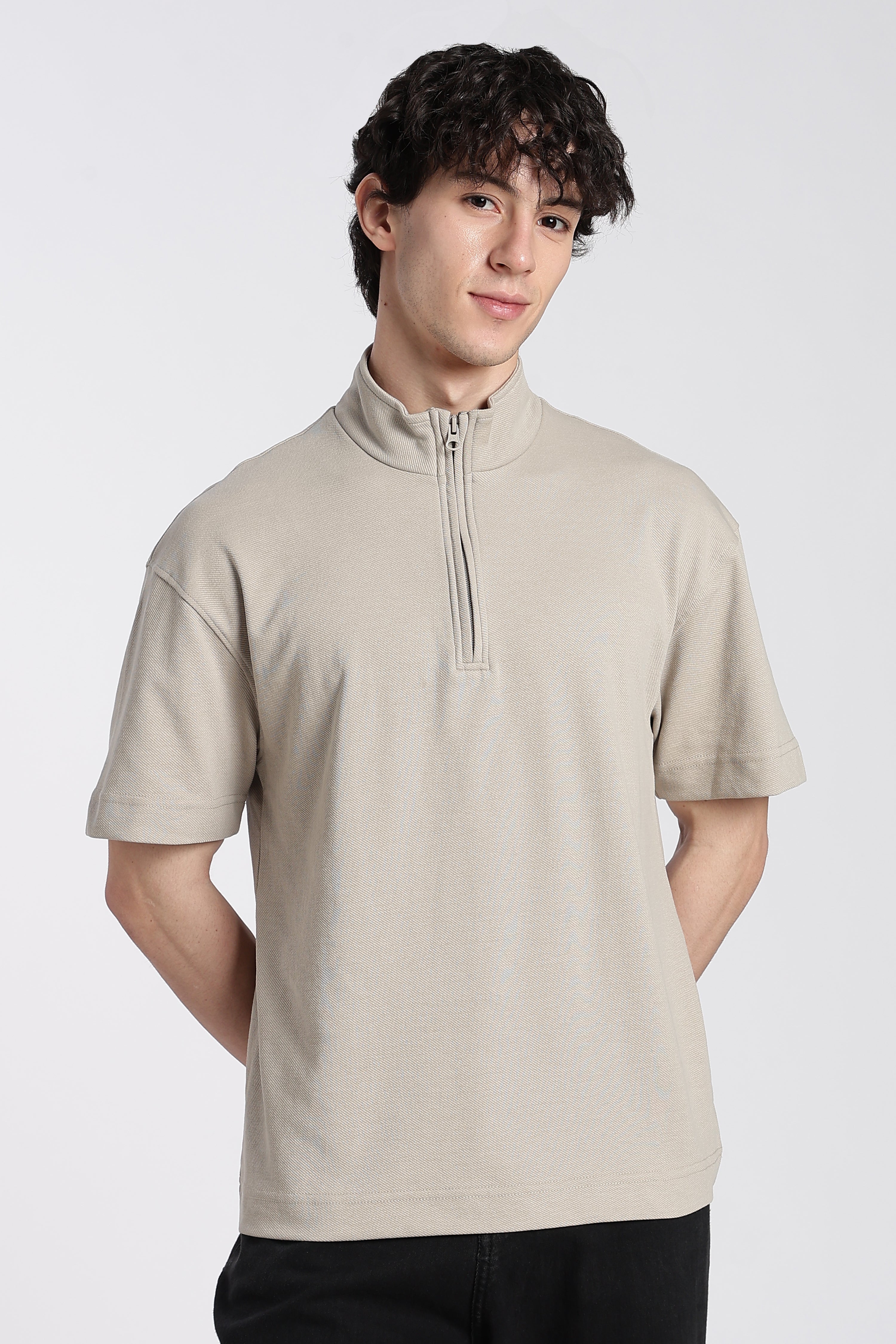 Beige Drop Shoulder Sleeves Oversized Fit T-Shirt