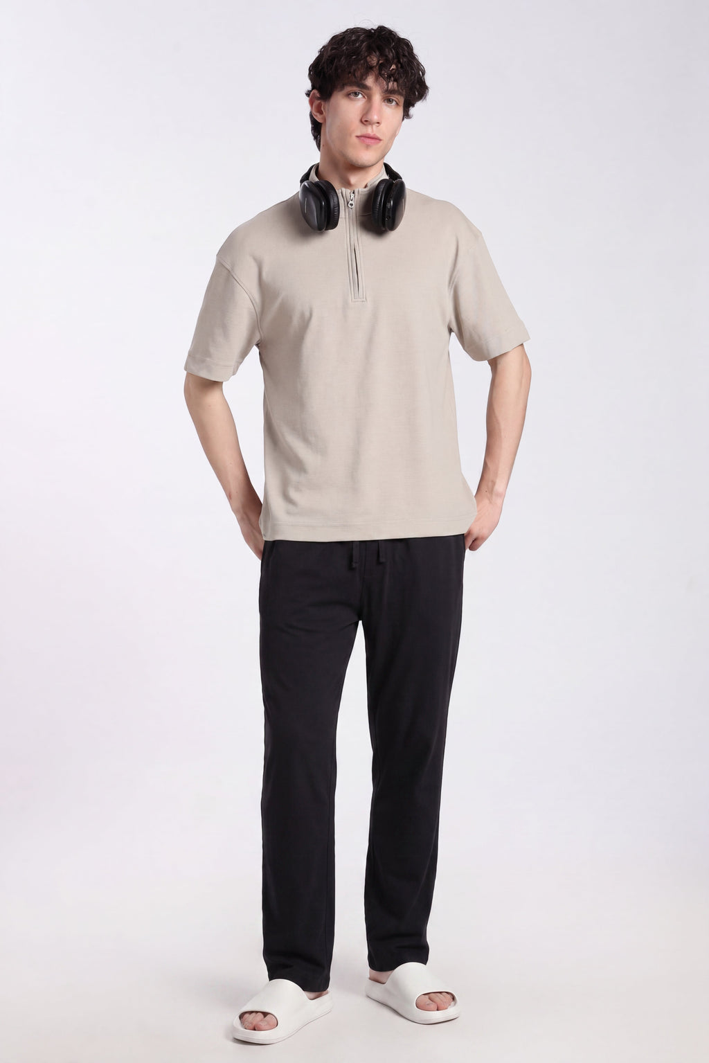 Beige Drop Shoulder Sleeves Oversized Fit T-Shirt