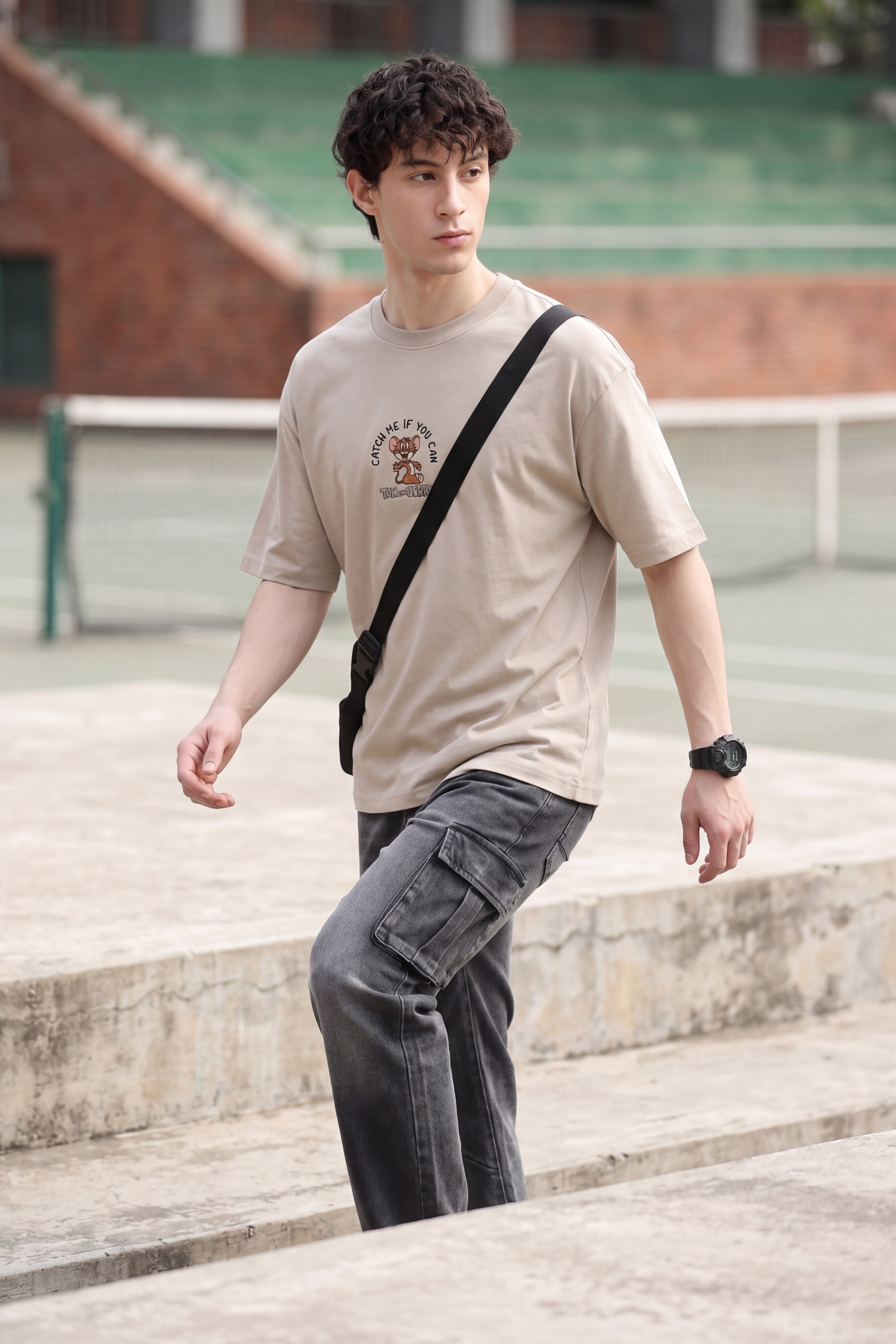 Beige Tom and Jerry Oversized Fit T-Shirt