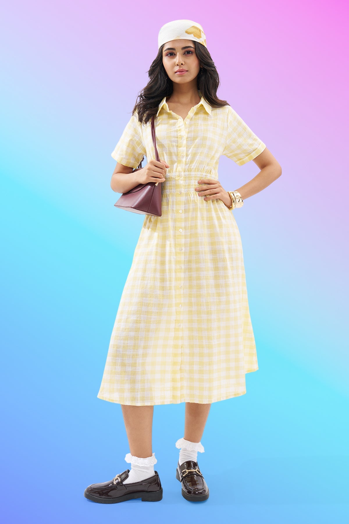 Yellow Checked Shirt Dress