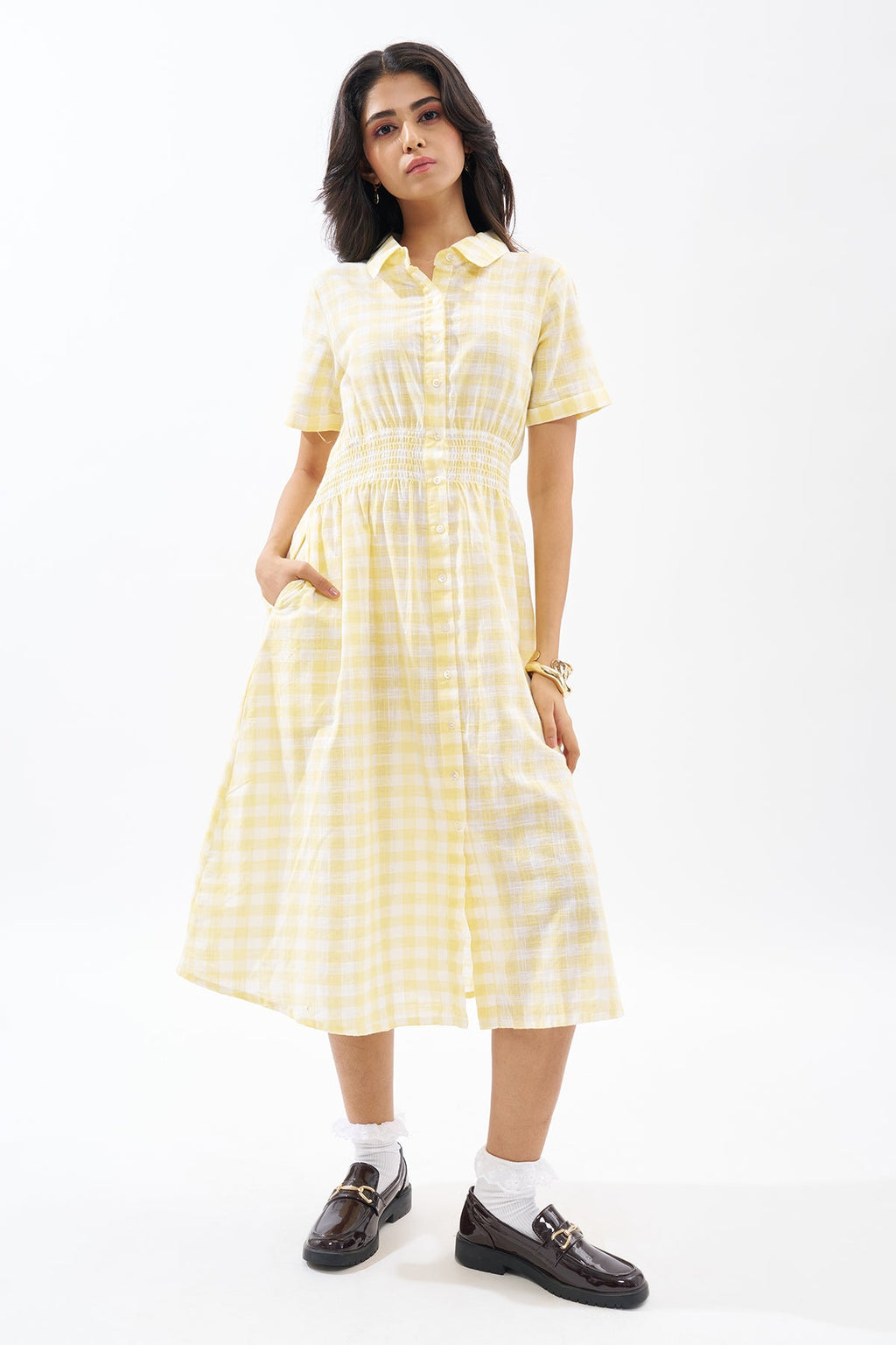 Yellow Checked Shirt Dress
