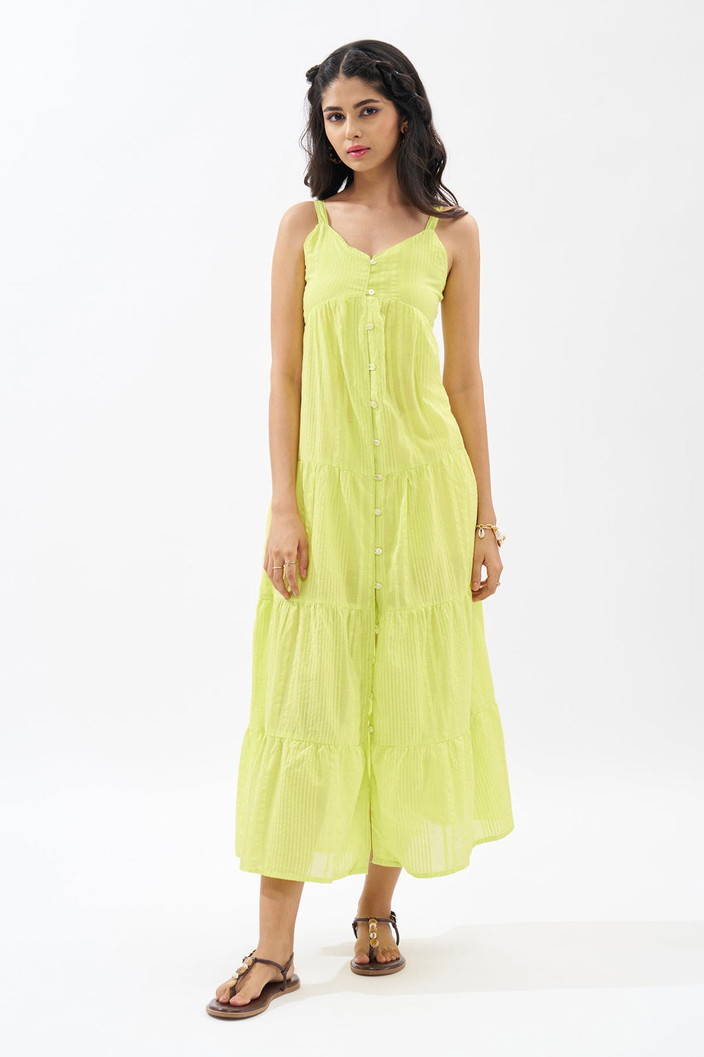 Lime Sleeveless Seersucker Tiered Dress
