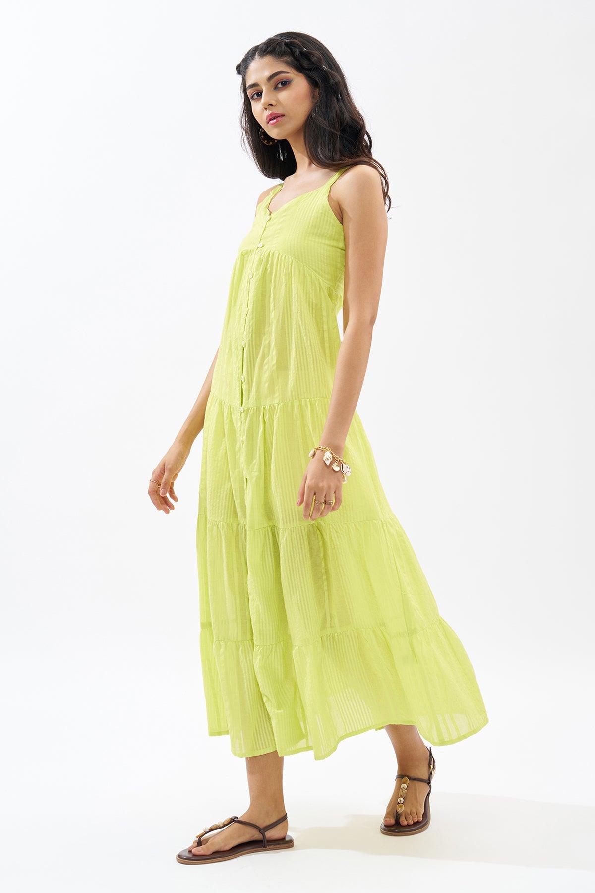 Lime Sleeveless Seersucker Tiered Dress