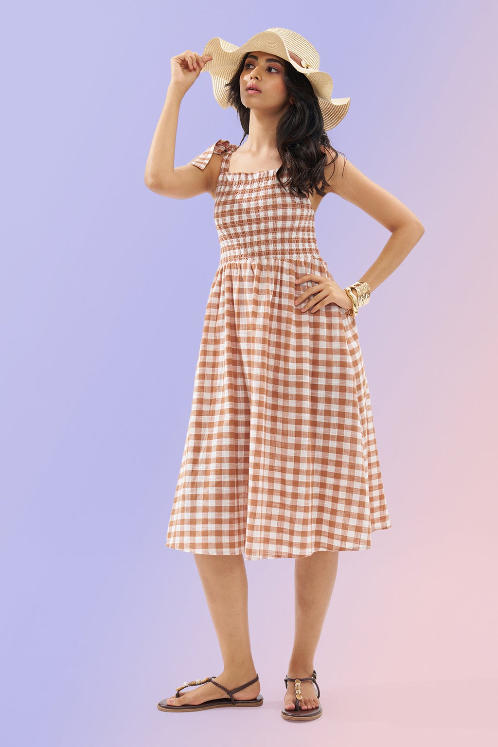 Brown Sleeveless Checked Dress