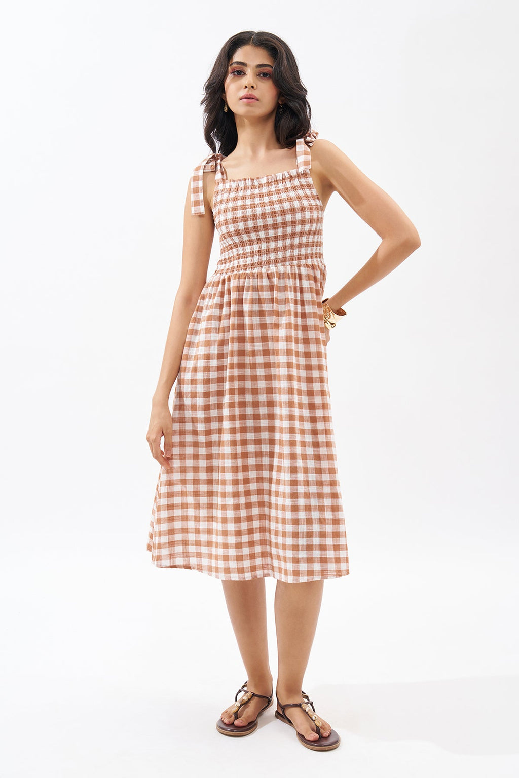 Brown Sleeveless Checked Dress