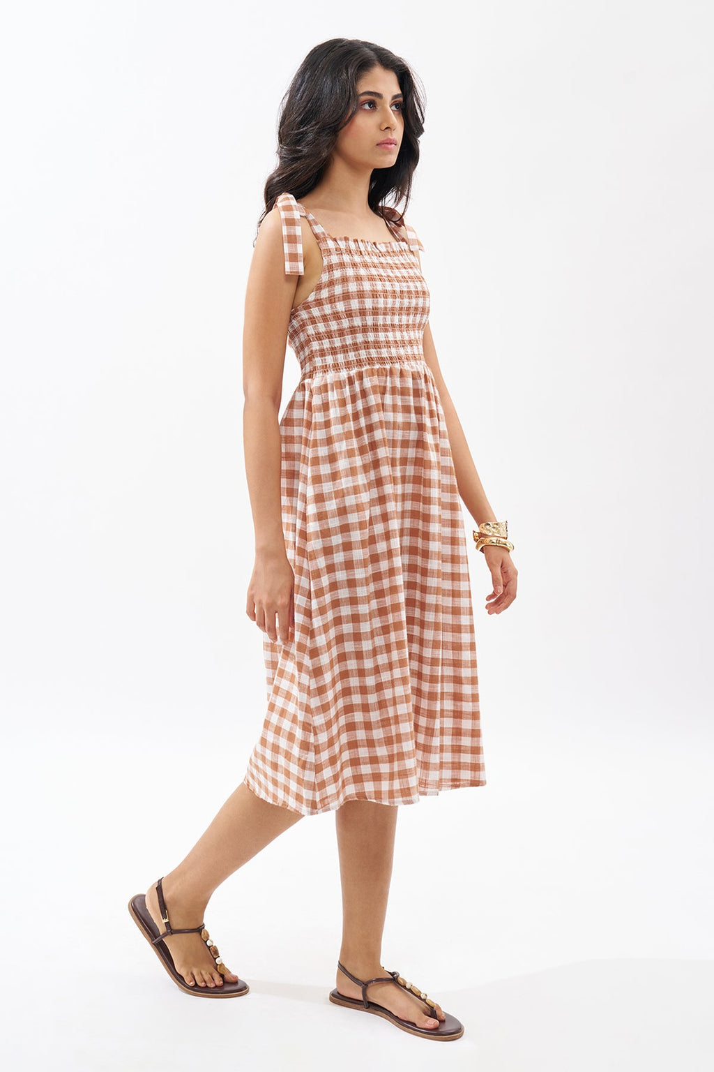 Brown Sleeveless Checked Dress
