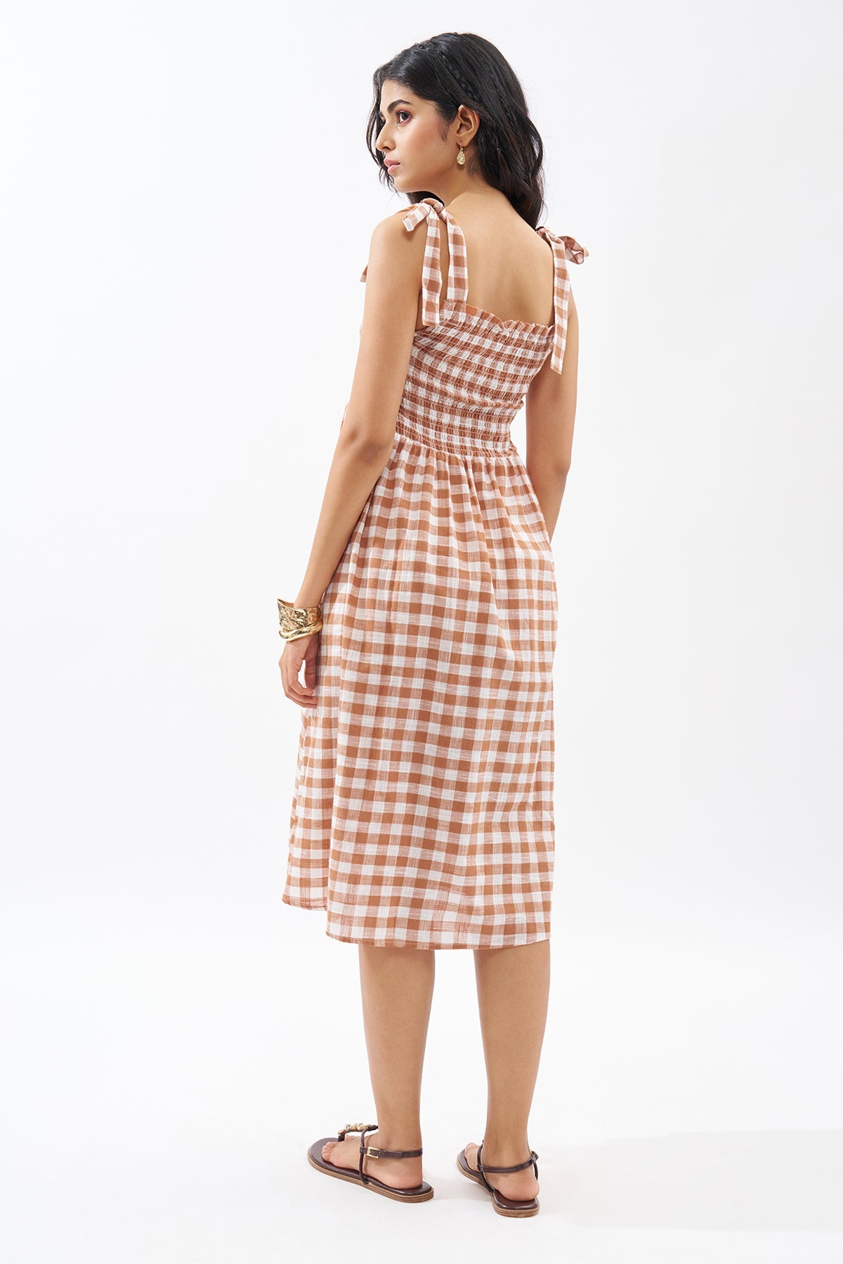 Brown Sleeveless Checked Dress